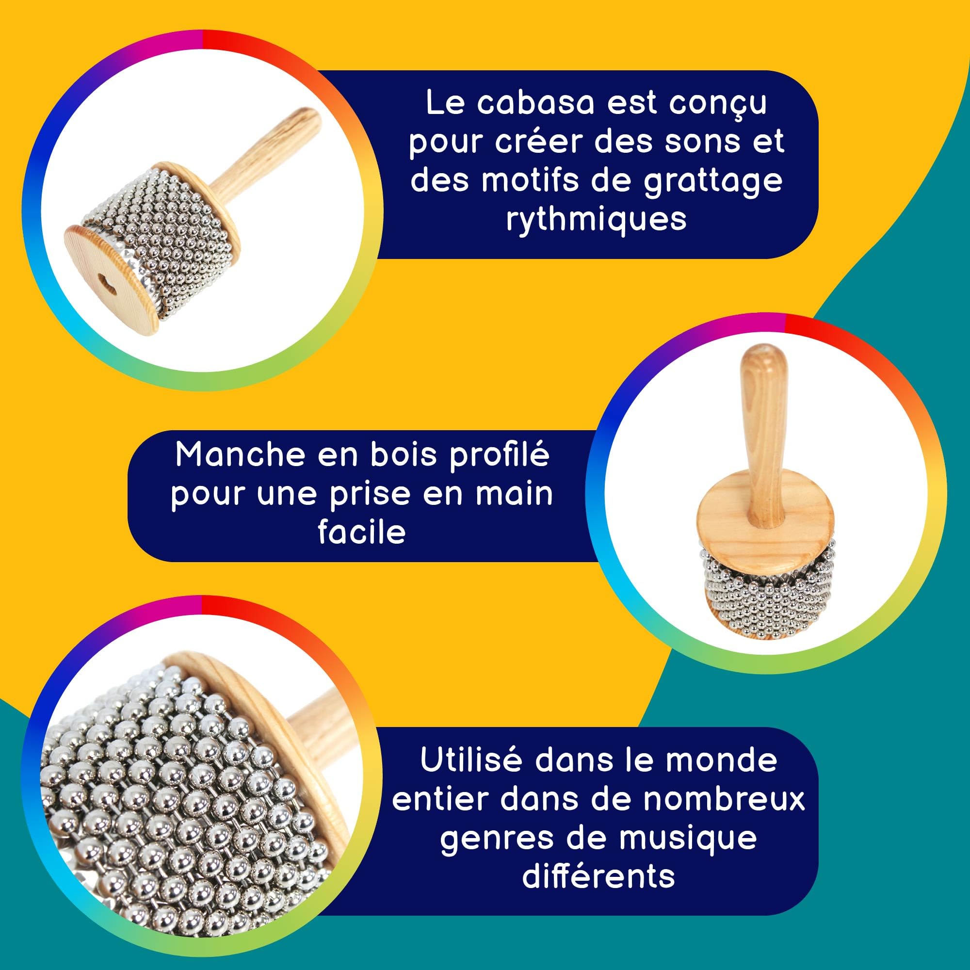 A-Star Shaker Cabasa Afuche en bois avec perles - 7 cm de diamètre, petit - Instrument de percussion à main