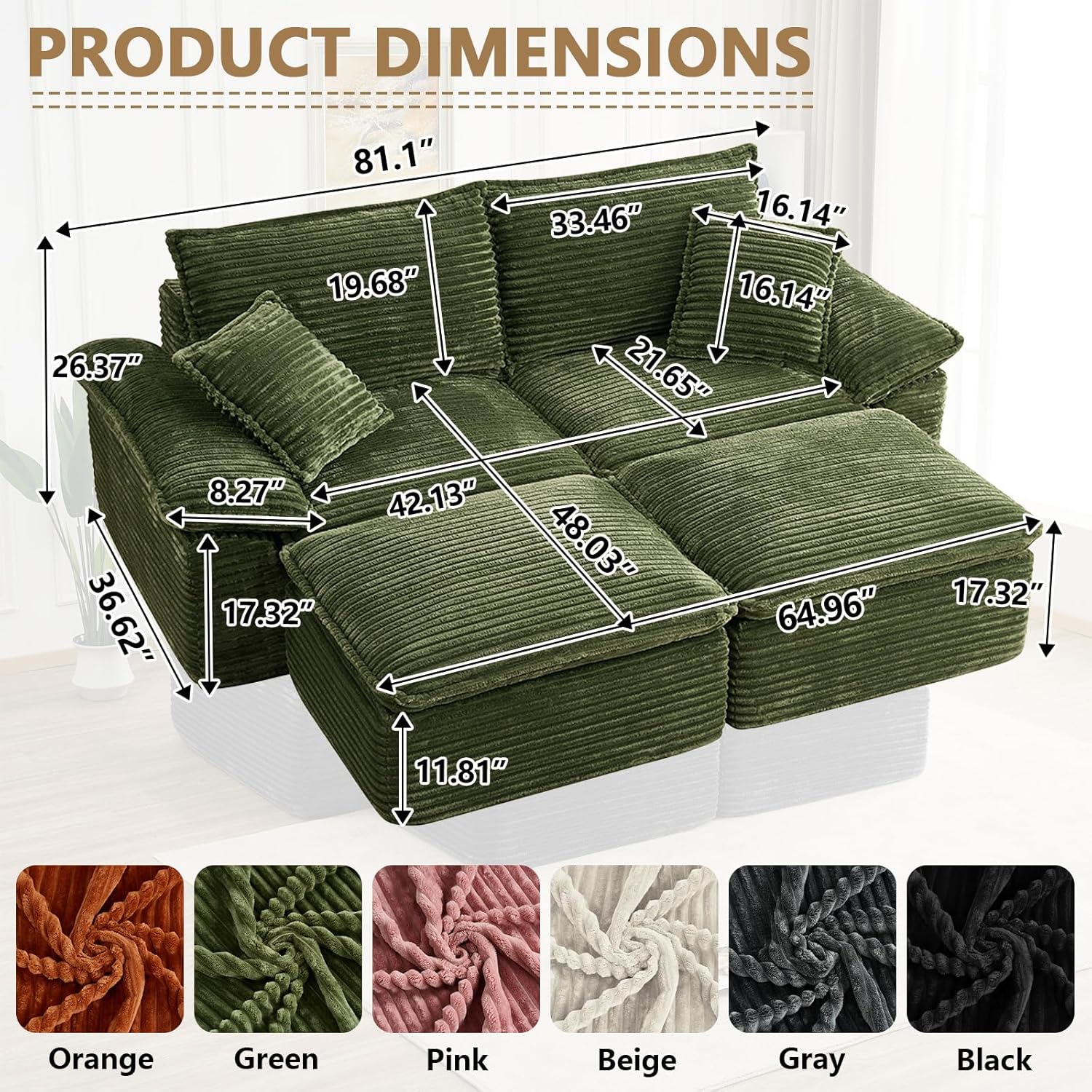 81" Oversized Double Chaise Lounges with 2 Ottoman Indoor, Green Cloud Modular Sectional Sofa with 2 Pillows & Sofa Bed, Corduroy Upholstered Comfy Sleeper Loveseat for Living Room, Office
