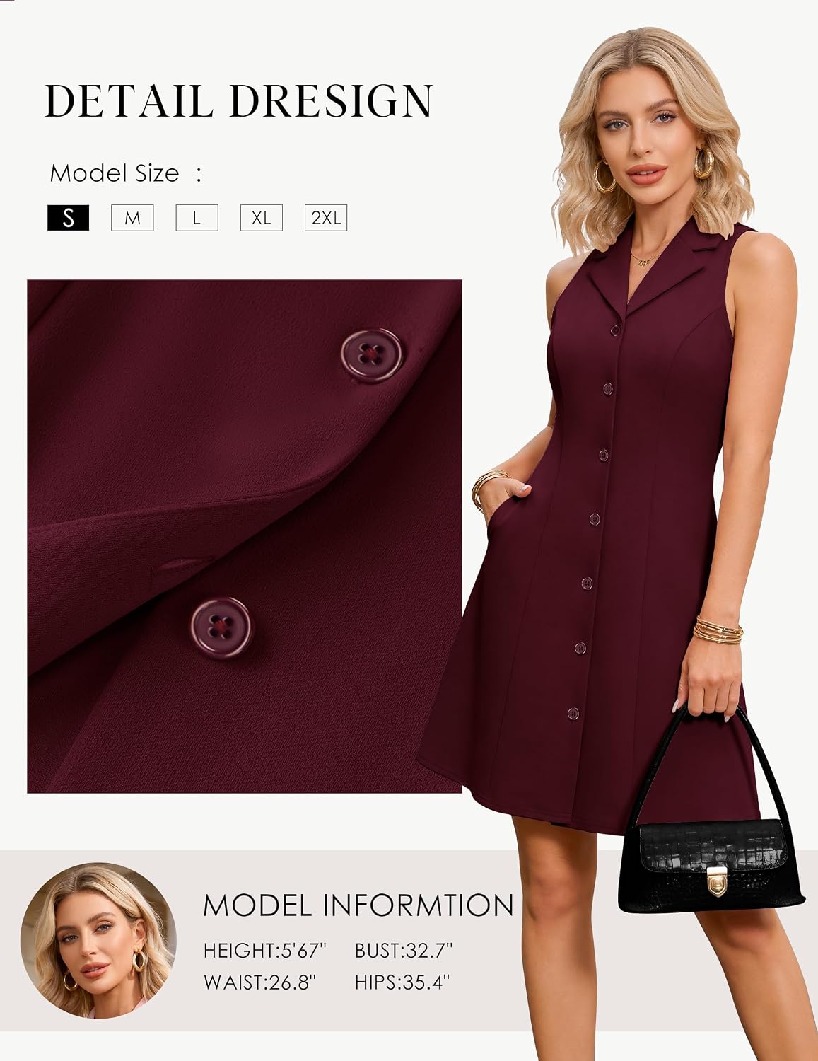 Wedtrend Women's Work Dresses for Office Sleeveless Cocktail Dresses V-Neck Formal Dress Blazer Dress with Pockets