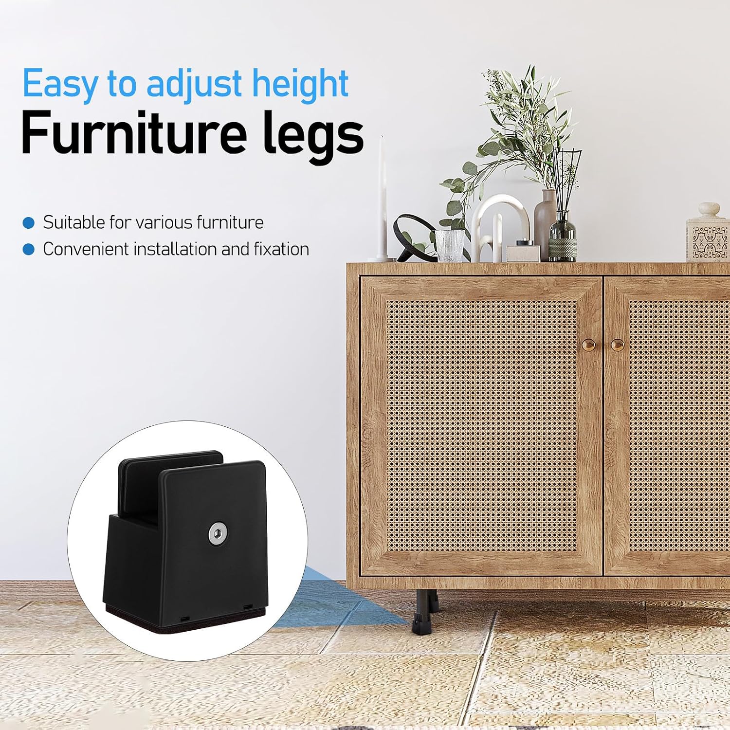 4pcs Adjustable Furniture Risers for Bed and Sofa, Metal Table Leg Height Extenders with Anti-Slip Design and Floor Protection, Width Adjustable Black Legs for Desk, Cabinet,