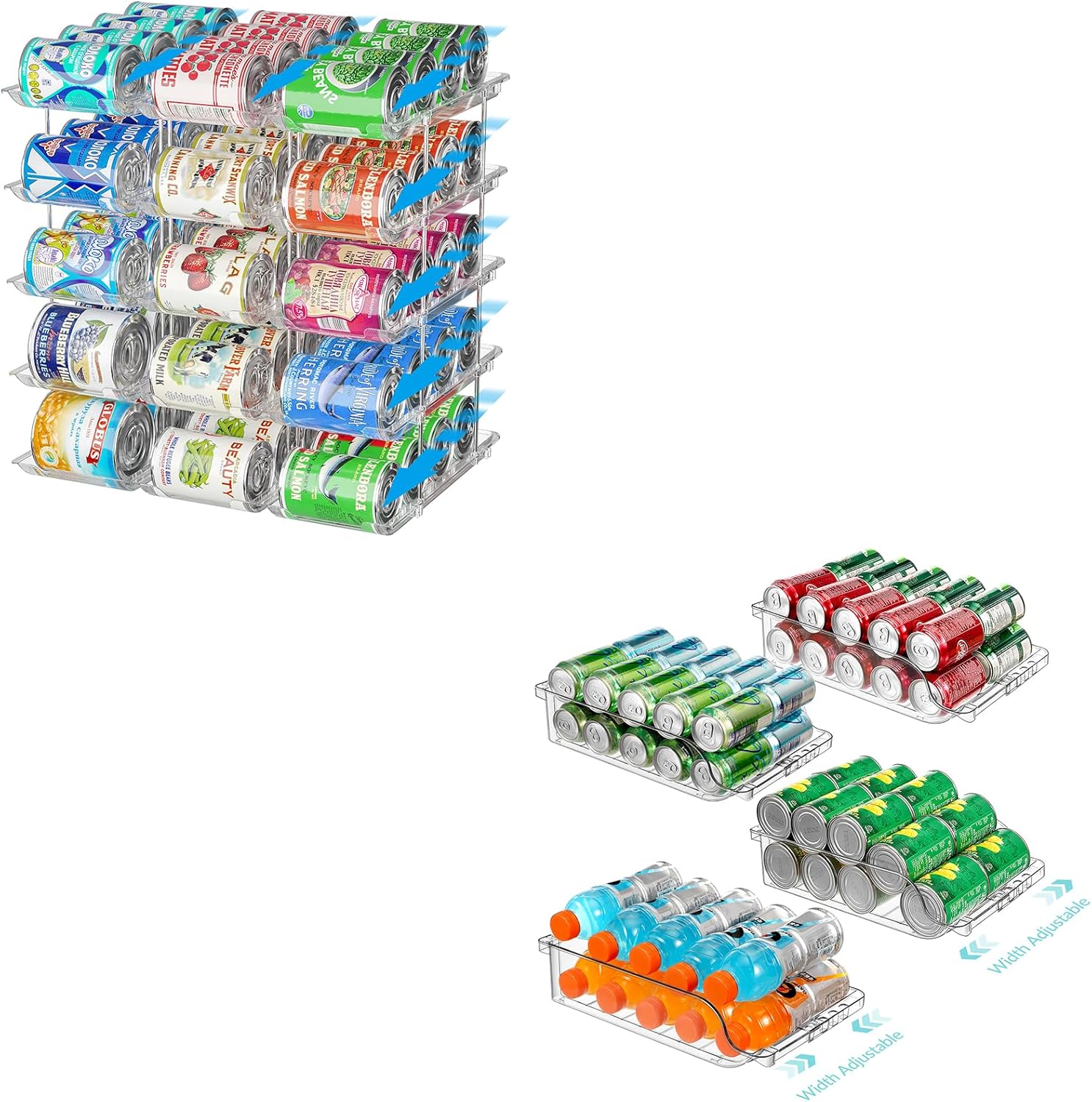 Stackable 5 Tiers Can Organizer Pantry 4 Packs Clear Width Adjustable Soda Can Organizer for Refrigerator Expandable Soda Can Dispenser