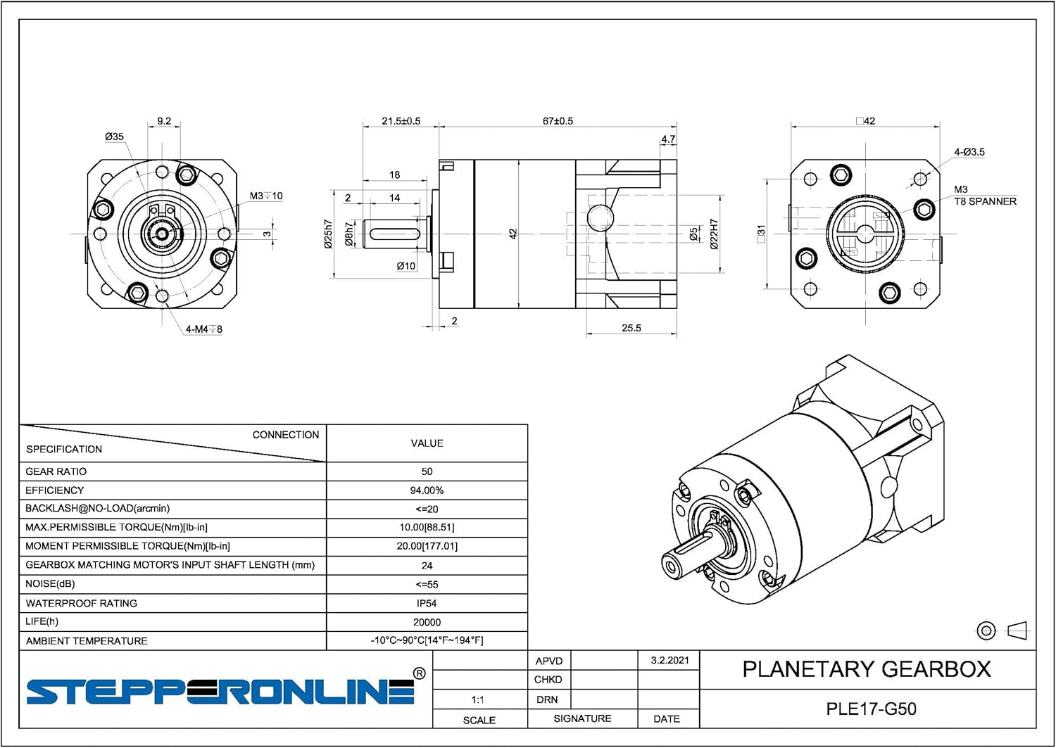 STEPPERONLINE Planetary Gearbox Gear Ratio 50:1 Backlash 20 arc-min for Nema 17 Stepper Motor