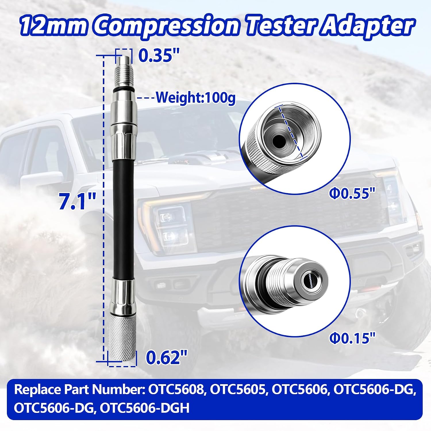 5608 Compression Tester 12mm Adapter, Fit for 2008+ Ford 4.6L 5.4L 6.8L 3-Valve Engines with 12mm Spark Plug. Replace OTC5608 OTC5605 OTC5606 OTC5606-DG OTC5606-DG OTC5606-DGH