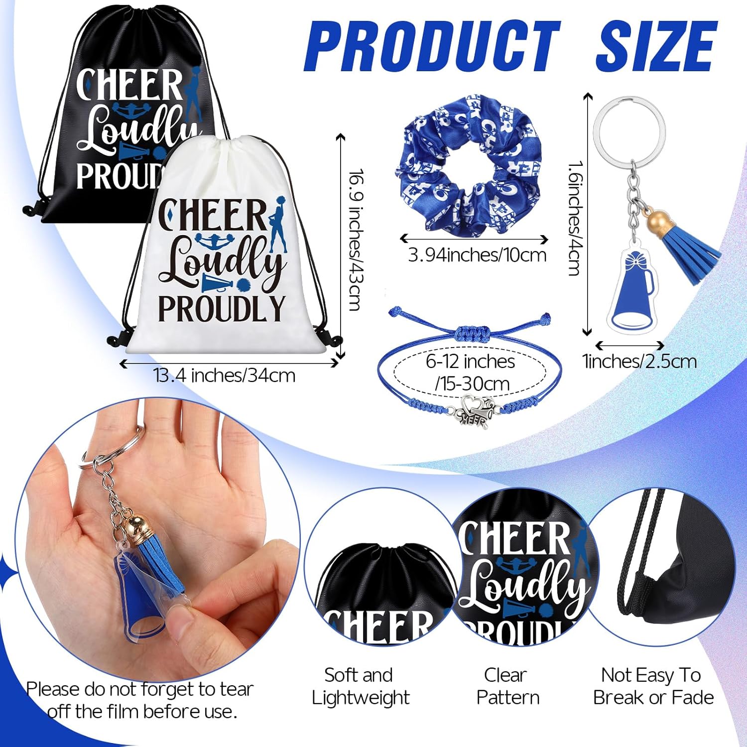 Chicingyou 12 Sets Cheerleader Gifts Girls Cheer Drawstring Backpack Bracelet Keychain Hair Band Sock Bulk, Cheer Accessories for Team, Sports Events, Contest, Party, Birthday, Women