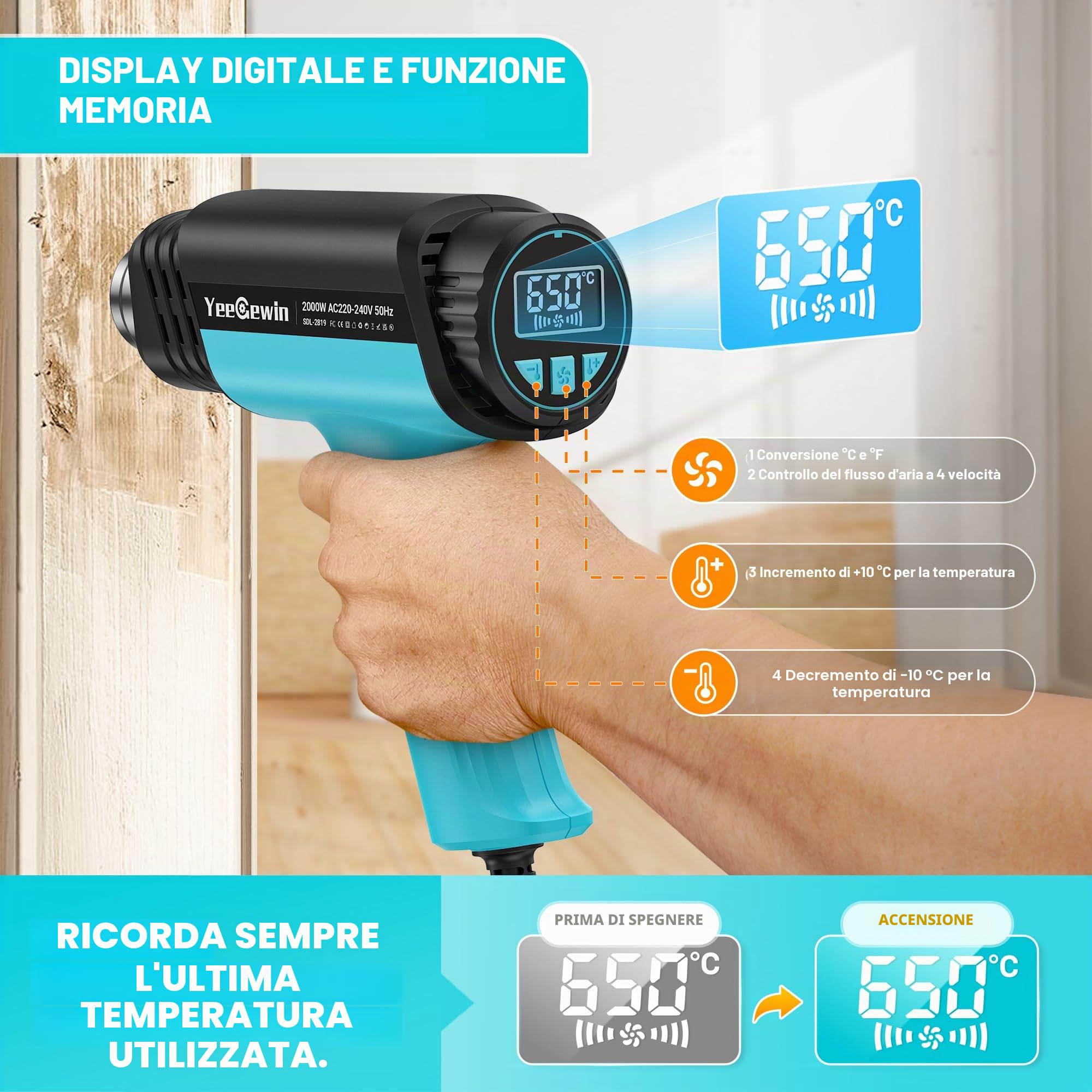 Pistola Termica 2000W, 50-650 ℃ Controllo Della Temperatura Regolabile Pistola ad Aria Calda Professionale con Display LCD, Protezione da Surriscaldamento, per Sverniciatura, Termoretraibile
