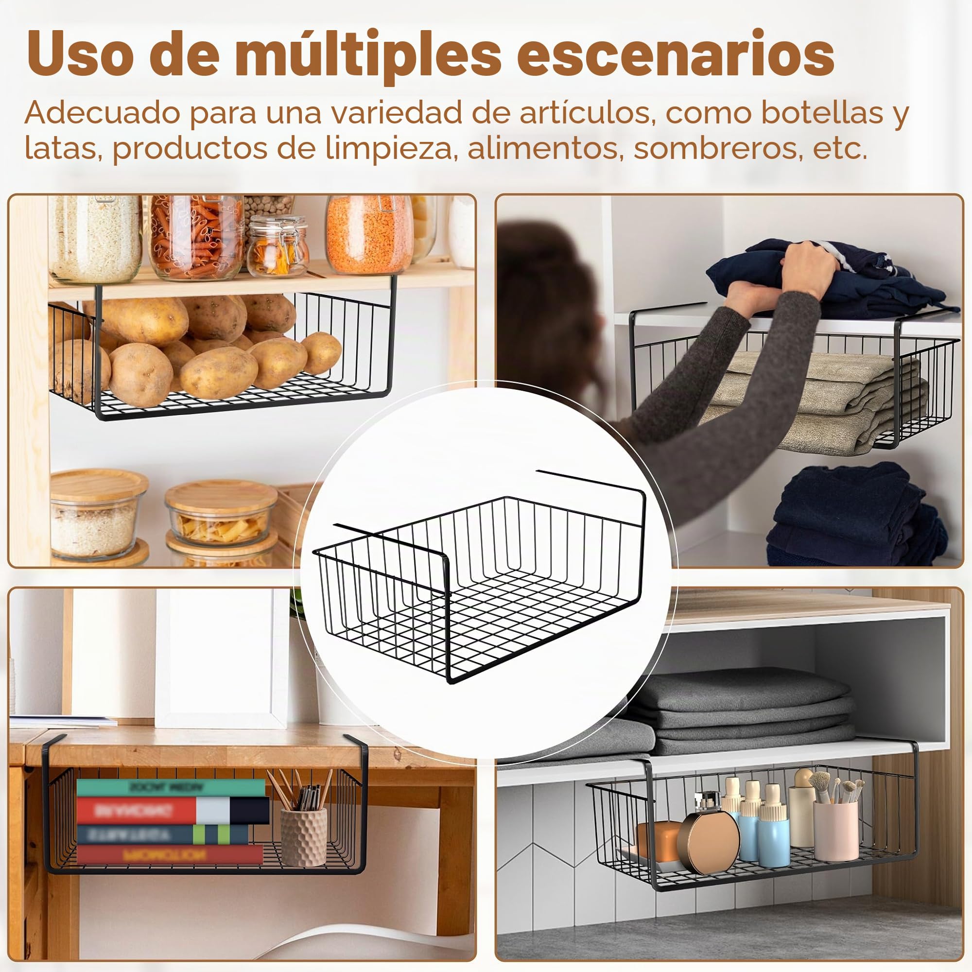 FIVMEN 2 Estantes Inferiores, Cesta Colgante de Metal, Cesta de Almacenamiento, Organizador para Cocina, Oficina, Despensa, Baño, Armario, 40 x 25 x 15 cm, Negro