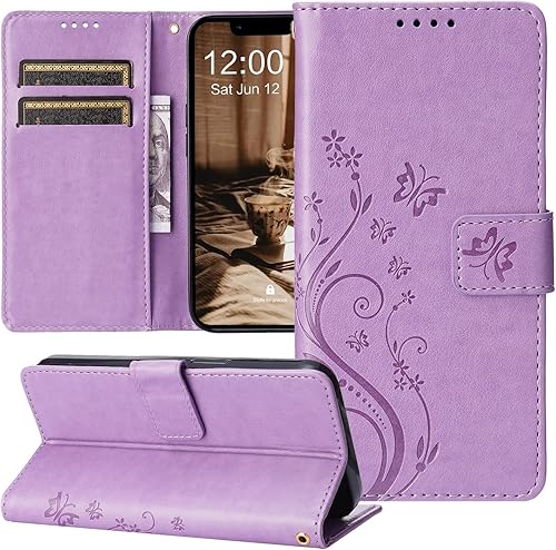 VODEFOX Funda tipo cartera para Galaxy A14 5G, con estampado de mariposas y flores, bonita funda de piel tipo cartera con tapa y ranuras para