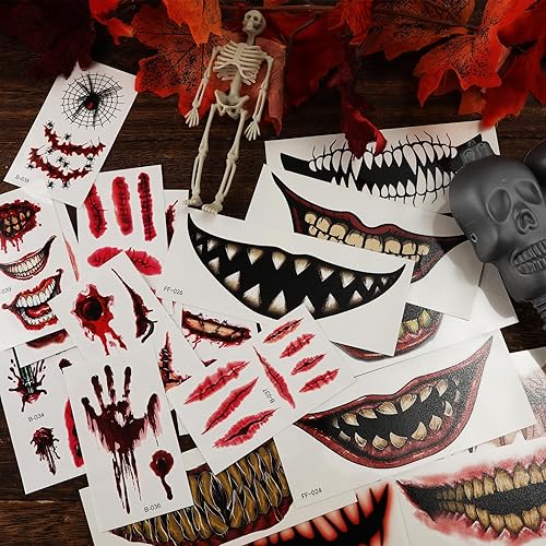 Miniatura 5 de 20 hojas de calcomanías de tatuaje de Halloween, realista, impermeable, aterradora, boca grande, calcomanías de maquillaje, tatuajes de Halloween,