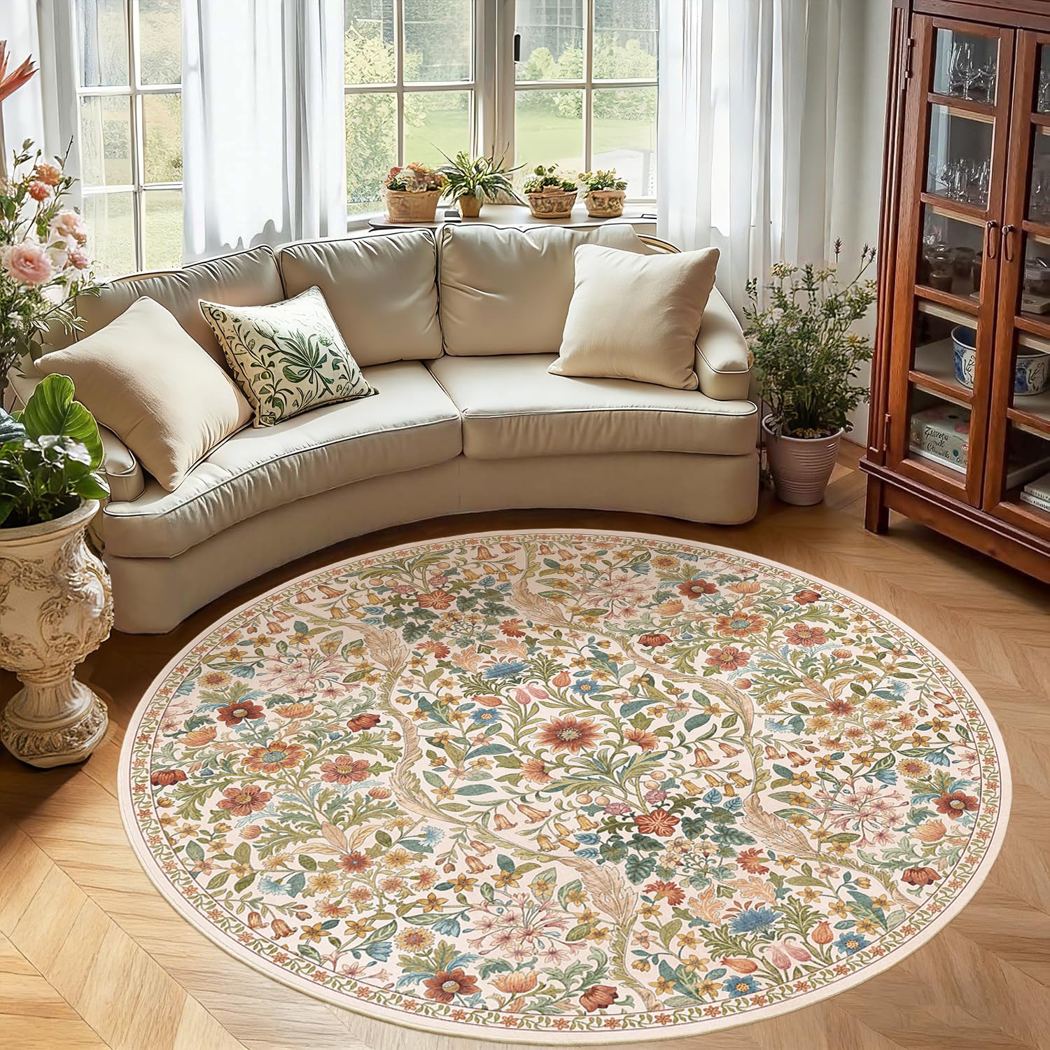 Round Rug 6ft Floral Circle Rug Beige Botanical Indoor Area Rugs