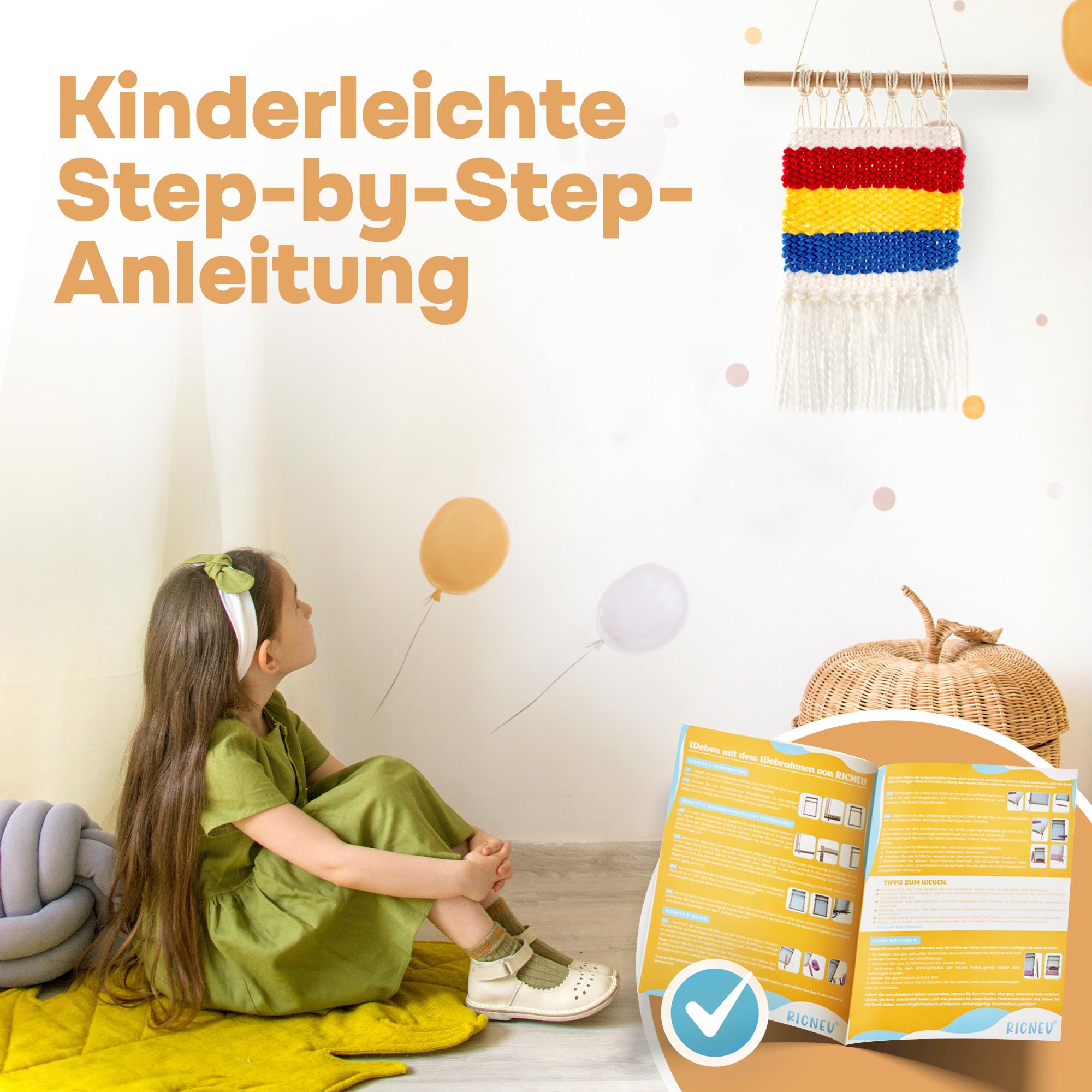 RICNEV® Webrahmen für Kinder |Hochwertiger Holz Webrahmen Komplett-Set inkl. vier Wollfarben, Kettgarn und Zubehör aus Holz Webbreite 15 cm | Schulwebrahmen für Anfänger