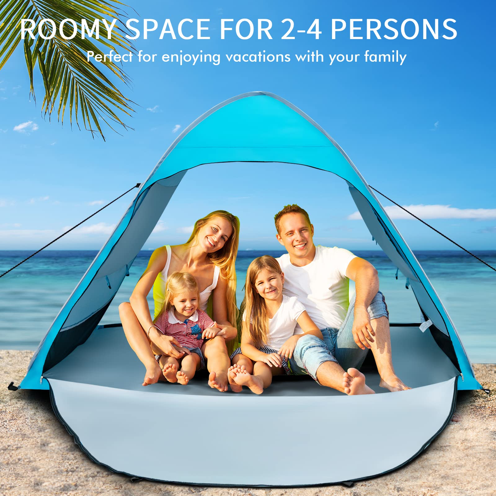 Tangkula 2-4 Person Pop up Beach Tent, UPF50+ Beach Sun Shade with Carrying Bag, 10 Stakes, 4 Sandbags, 4 Wind Ropes, 2 Mesh Windows, 2 Doors, Instant Sun Shelter with Zippered Extended Floor