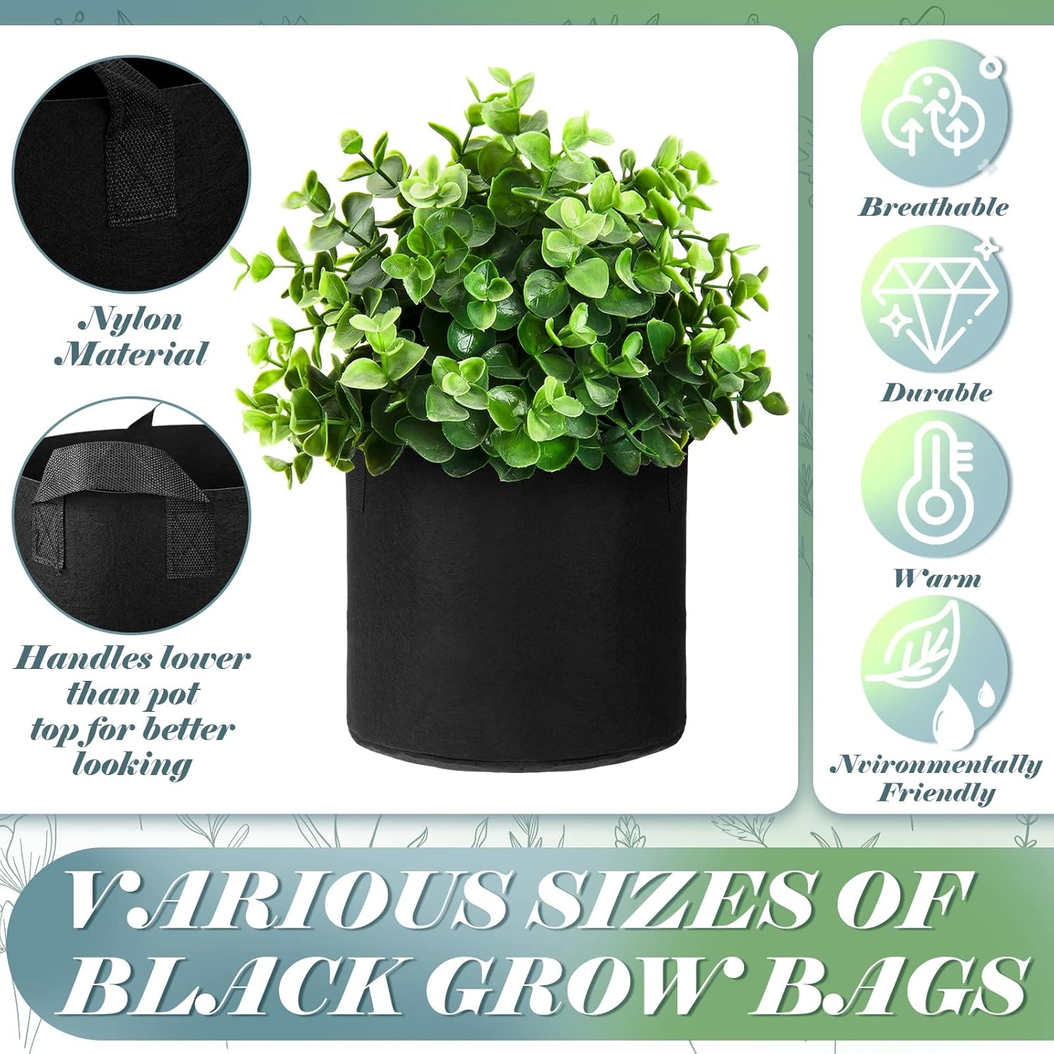Hoolerry 7 Pack Black Plant Grow Bags Thickened Non Woven Grow Bags in 4 Sizes 10, 7, 5 and 3 Gallons Aeration Fabric Pots with Handles - Image 3