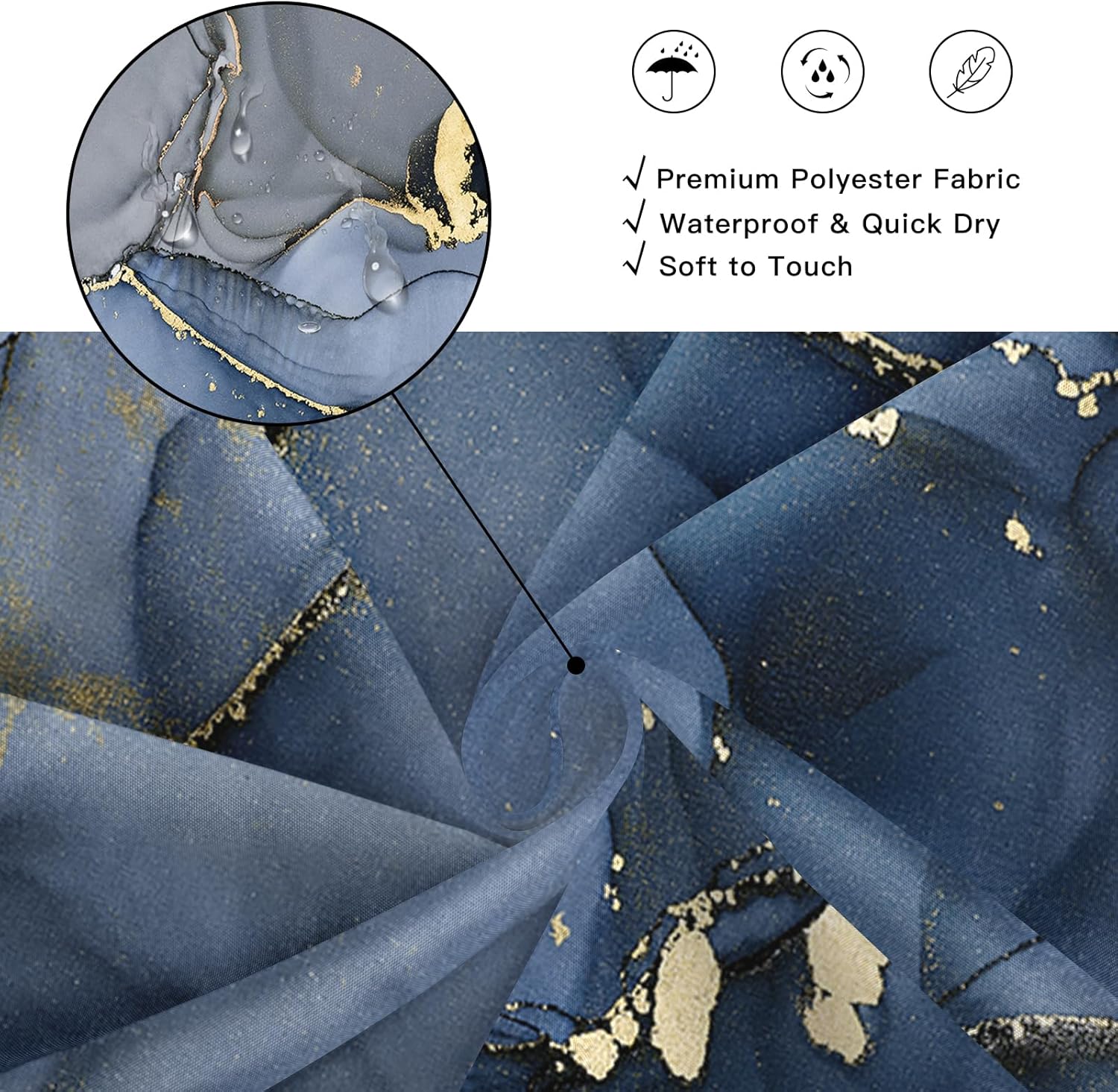 Extra Long Shower Curtain 72 x 96 Inch, Navy Blue Floor to Ceiling X-Long Abstract Marble Shower Curtains for Bathroom, Modern Luxury Art Ink Fabric Shower Curtain Set with Hooks