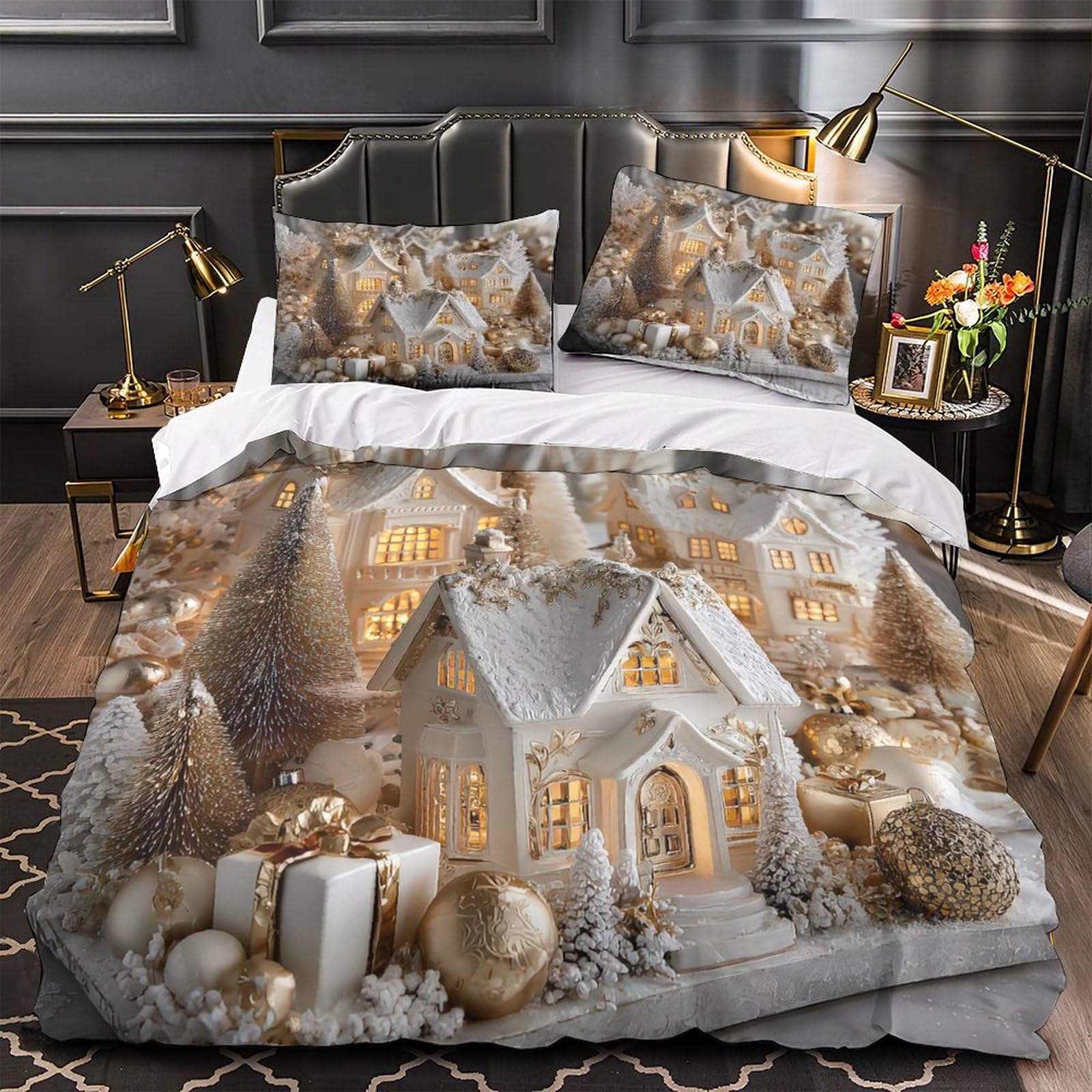 Parure de lit Noël 135x200 cm en microfibre avec housse de couette imprimée 3D et taies