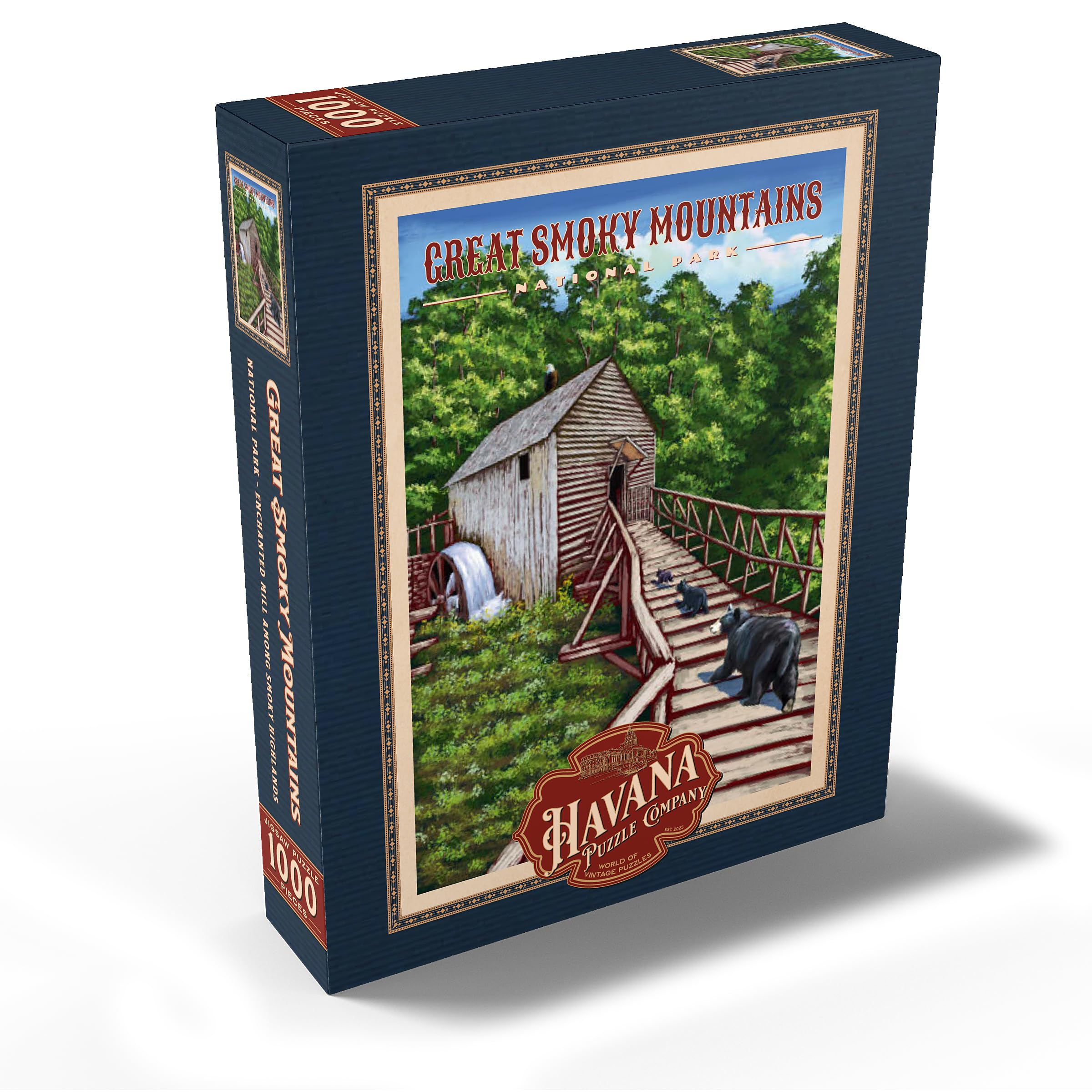 Great Smoky Mountains National Park – Enchanted Mill Among Smoky Highlands, poster da viaggio vintage – Puzzle da 1000 pezzi per adulti