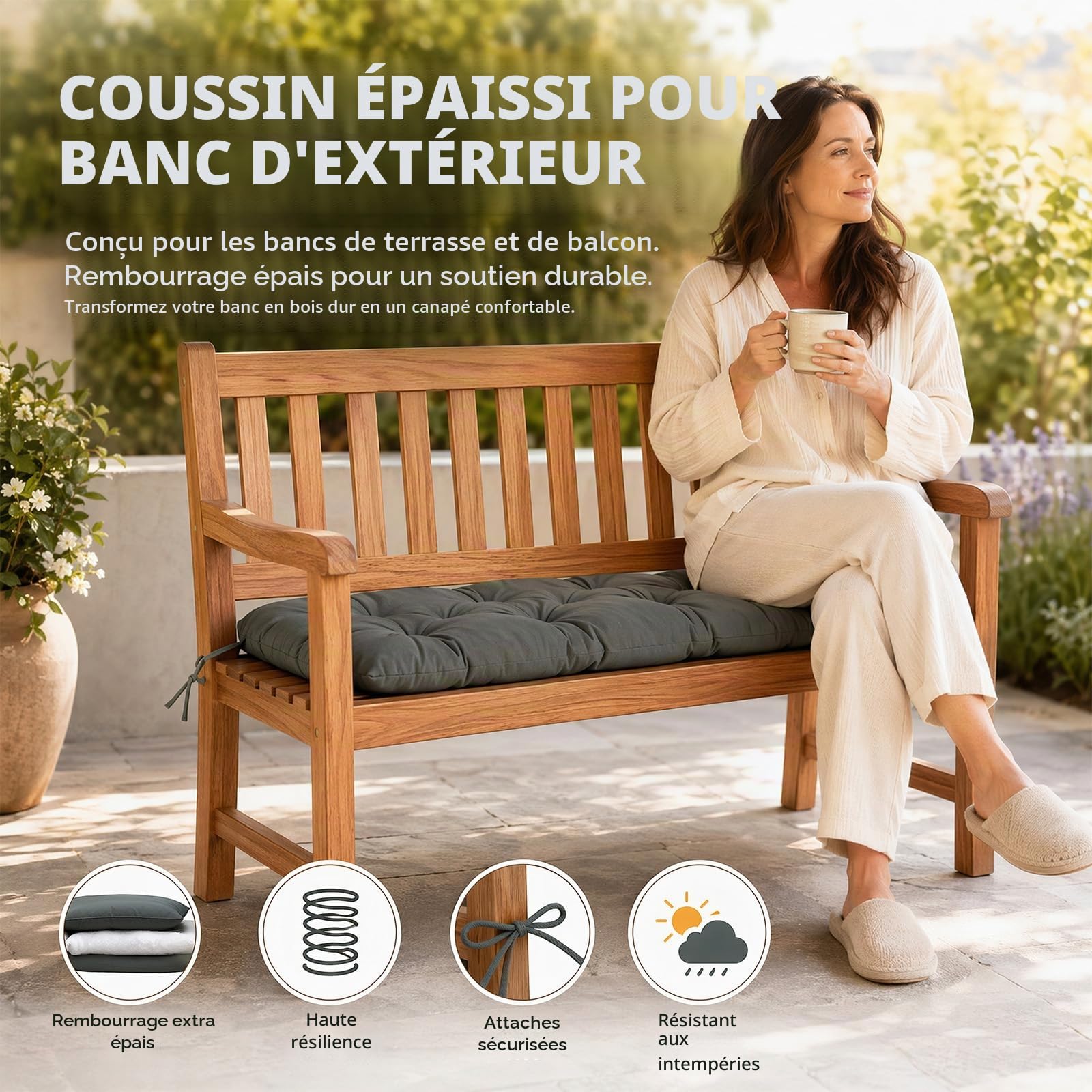 FARYODI Coussin de banc de jardin renforcé, imperméable, pour intérieur et extérieur (gris foncé, 100 x 50 x 10 cm)