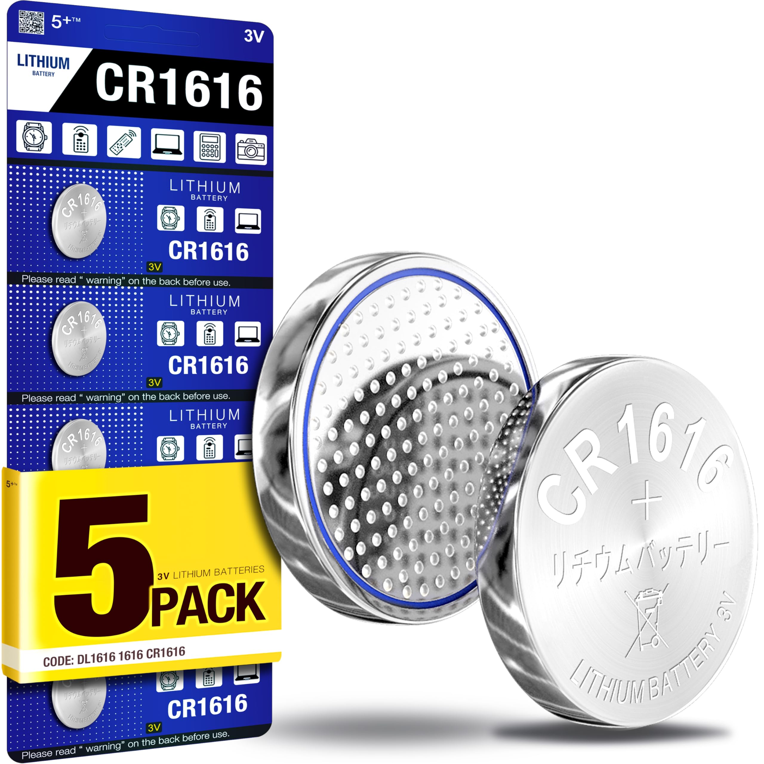 5Plus CR1616 3V Lithium Coin Cell Batteries – 5 Pack BR1616 ECR1616 Compatible, Button Battery for Watch, Car Remote, Key Fob & More