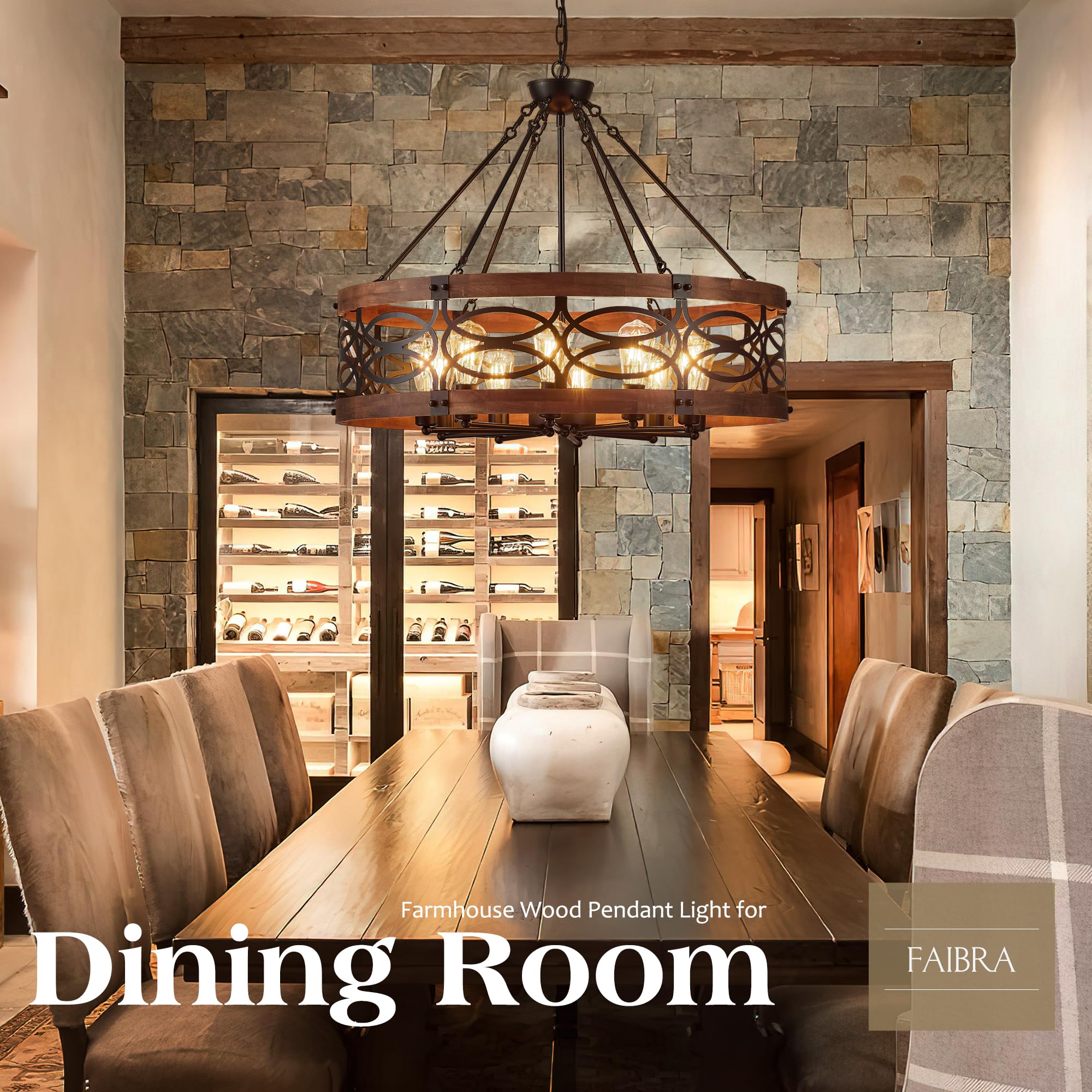10-Light Farmhouse Drum Wood Pendant Light,32.24'' Vintage Rustic Brown Oak Wood Chandeliers,Retro Industrial Hanging Light Fixtures for Dining Room Entryway, Bedroom - Additional View