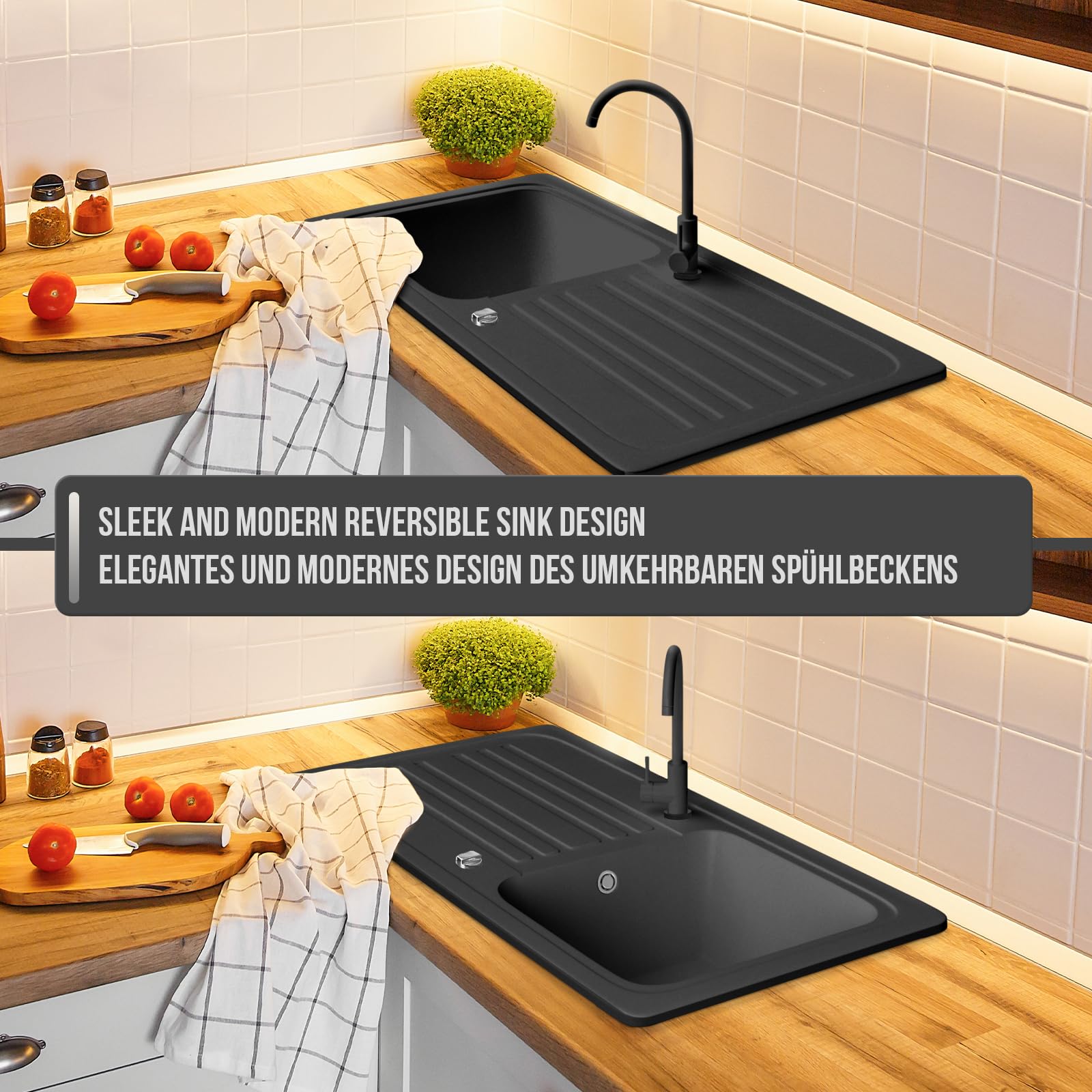 Lavello Granit Spülbecken Schwarz 45x49,5cm - Tiefe Einbauspüle Mit Ablage