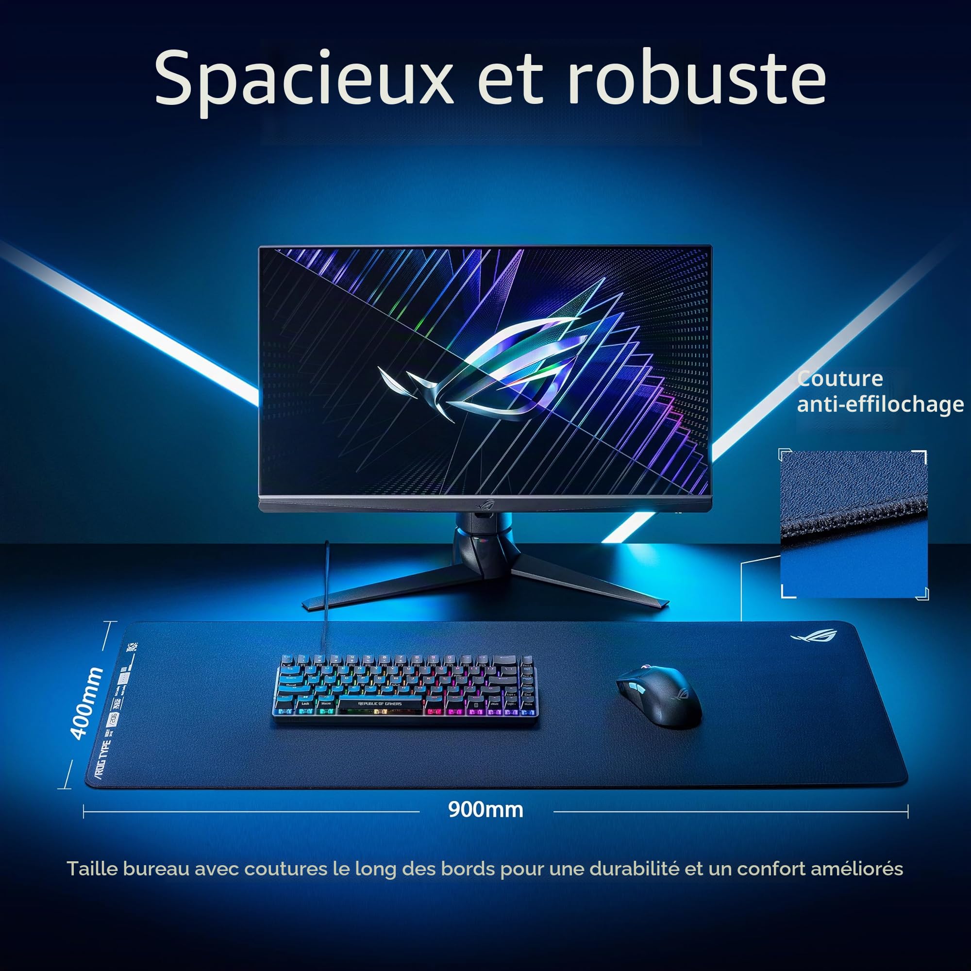 ASUS ROG Hone Ace XXL Tapis de Souris de Jeu, Base en Mousse à mémoire de Forme Haute densité, matériau en Tissu Hybride, 400 x 900 x 3 mm, Esports et FPS Gaming, Noir