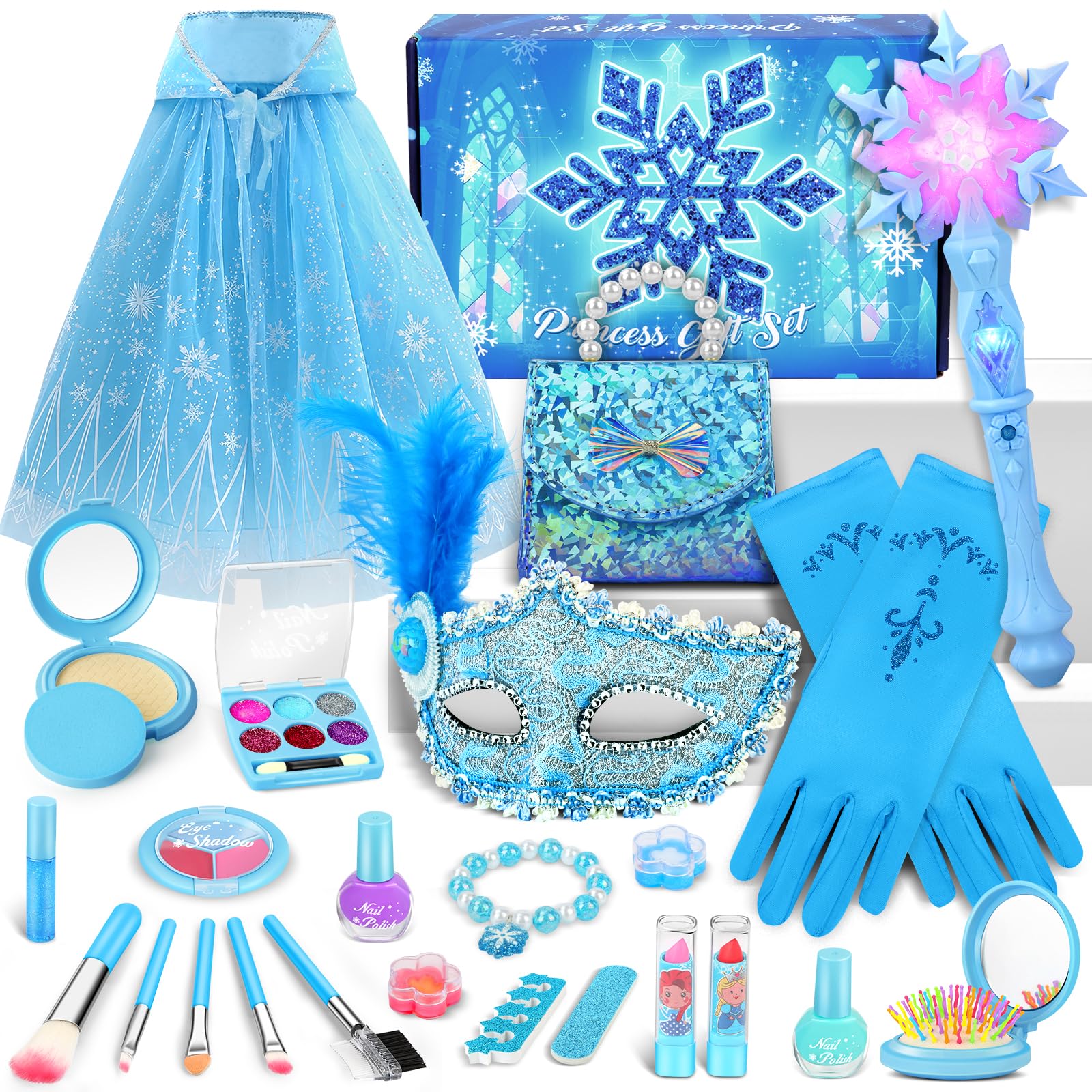 Disfraz Princesa Elsa, Set Maquillaje Niña con Pintauñas, 20 Piezas Juguetes Princesa Elsa, Bolsa de Mano Capa Varita Magica, Regalo de Cumpleaños para Niñas 3 4 5 + Años