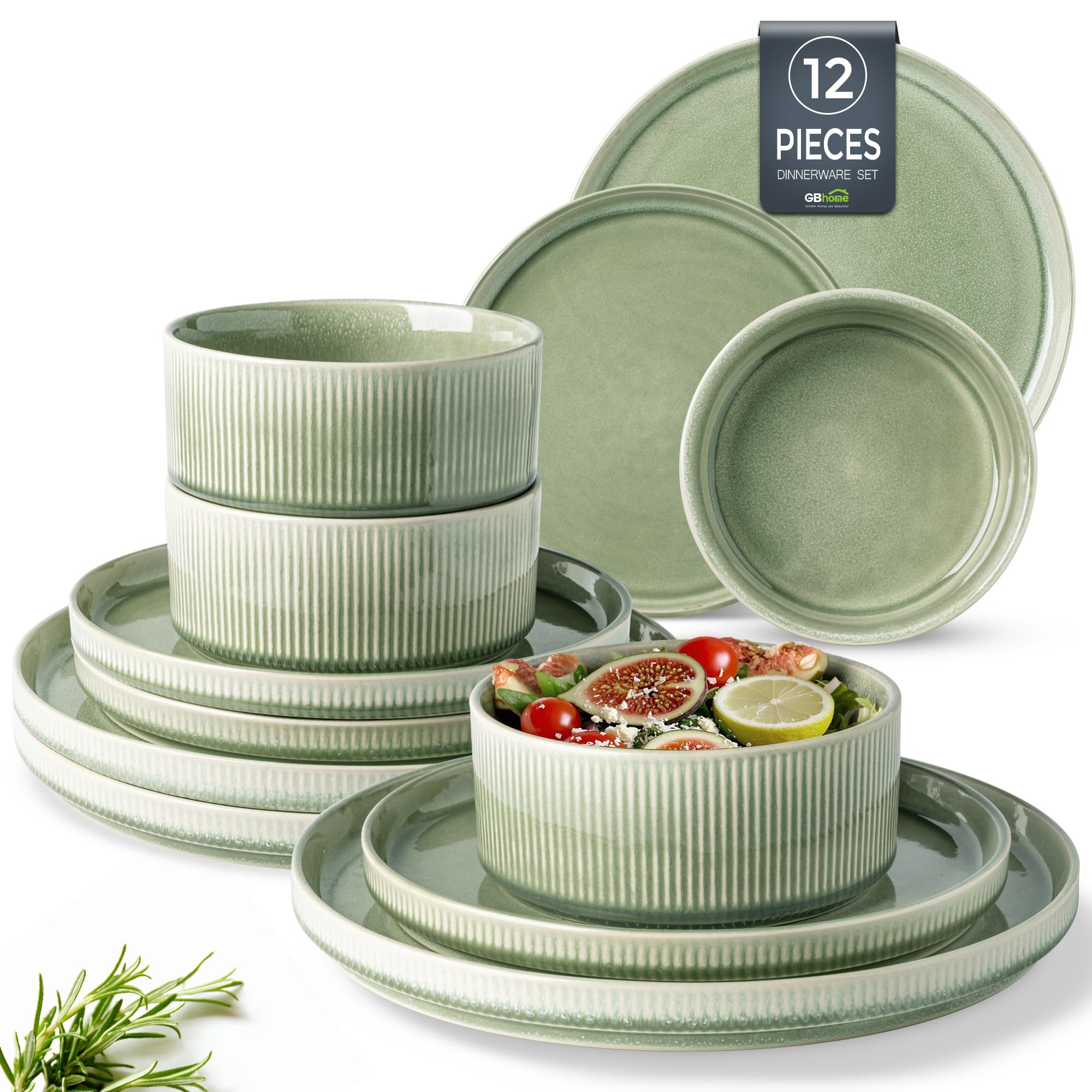 GBhome Stoneware Dinner Sets for 4 People, 12 Pieces Reactive Glaze Handcrafted Plates and Bowls Set, Scratch Resistant Dinnerware Set, Dishwasher & Microwave Safe Crockery Set, Quiet Green — image 1