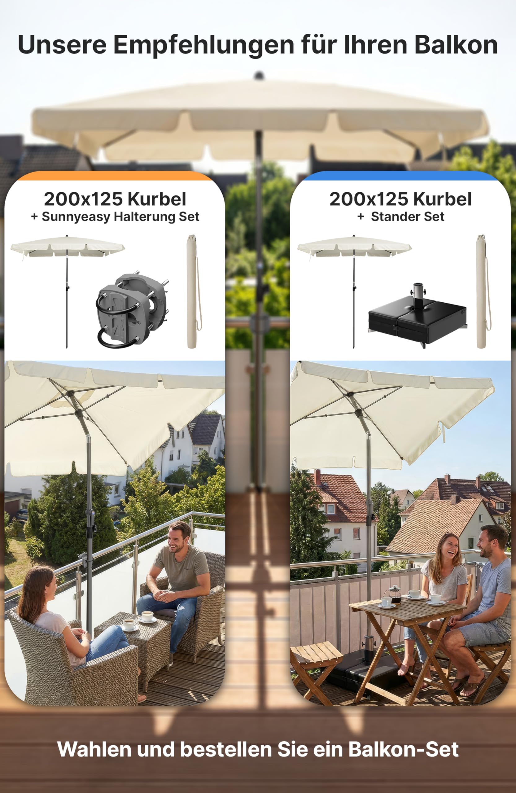 4smile Sonnenschirm Balkon mit Kurbel, mit Schutzhülle, Sonnenschirm rechteckig 200x125 cm, Sonnenschutz Balkon mit UV 50+, Balkonschirm, knickbar und höhenverstellbar, Beige