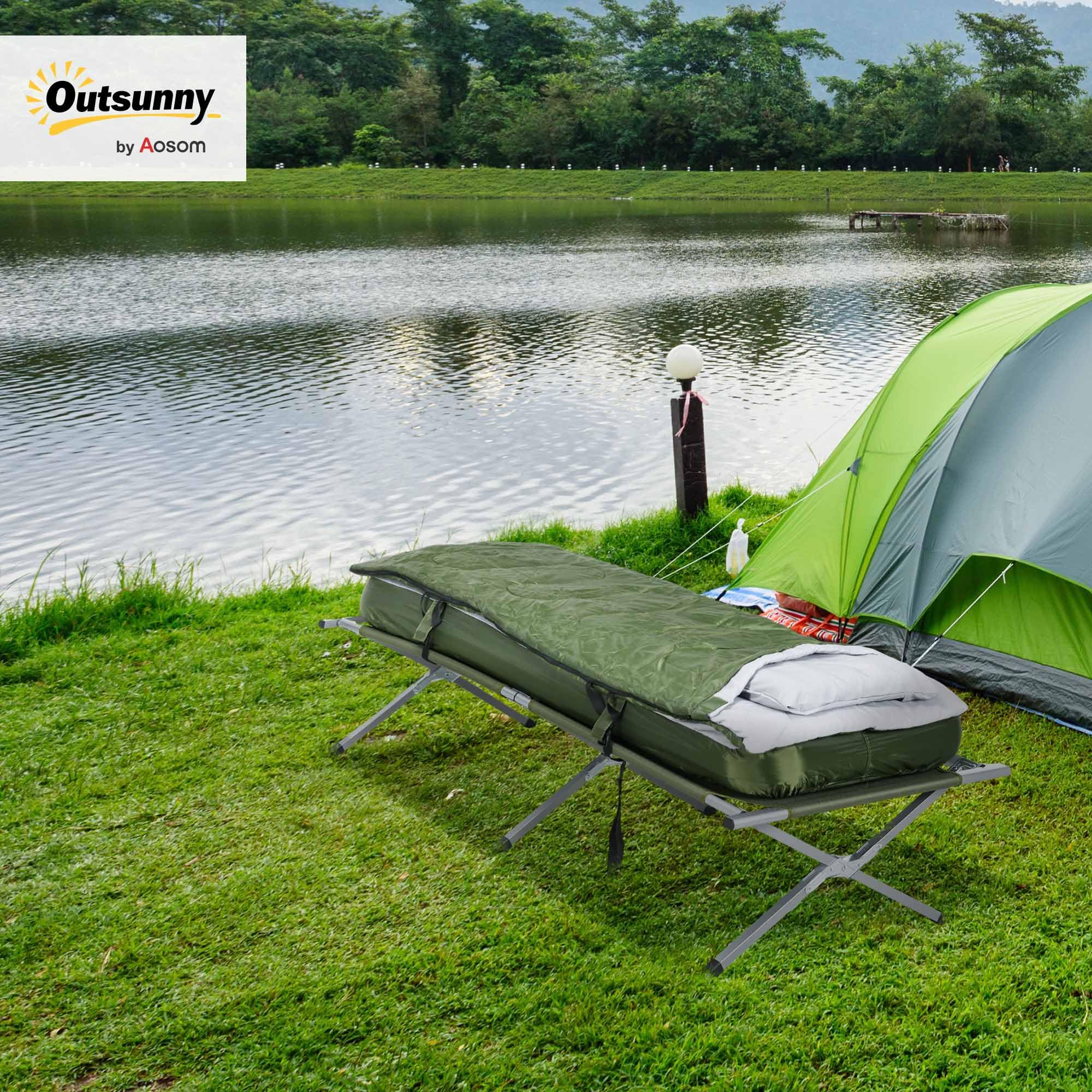 Outsunny Set Brandina da Campeggio con Materasso Gonfiabile, Lettino da Campeggio Pieghevole con Cuscino, Sacco Letto e Pompa, Sacca di Trasporto Inclusa, Verde