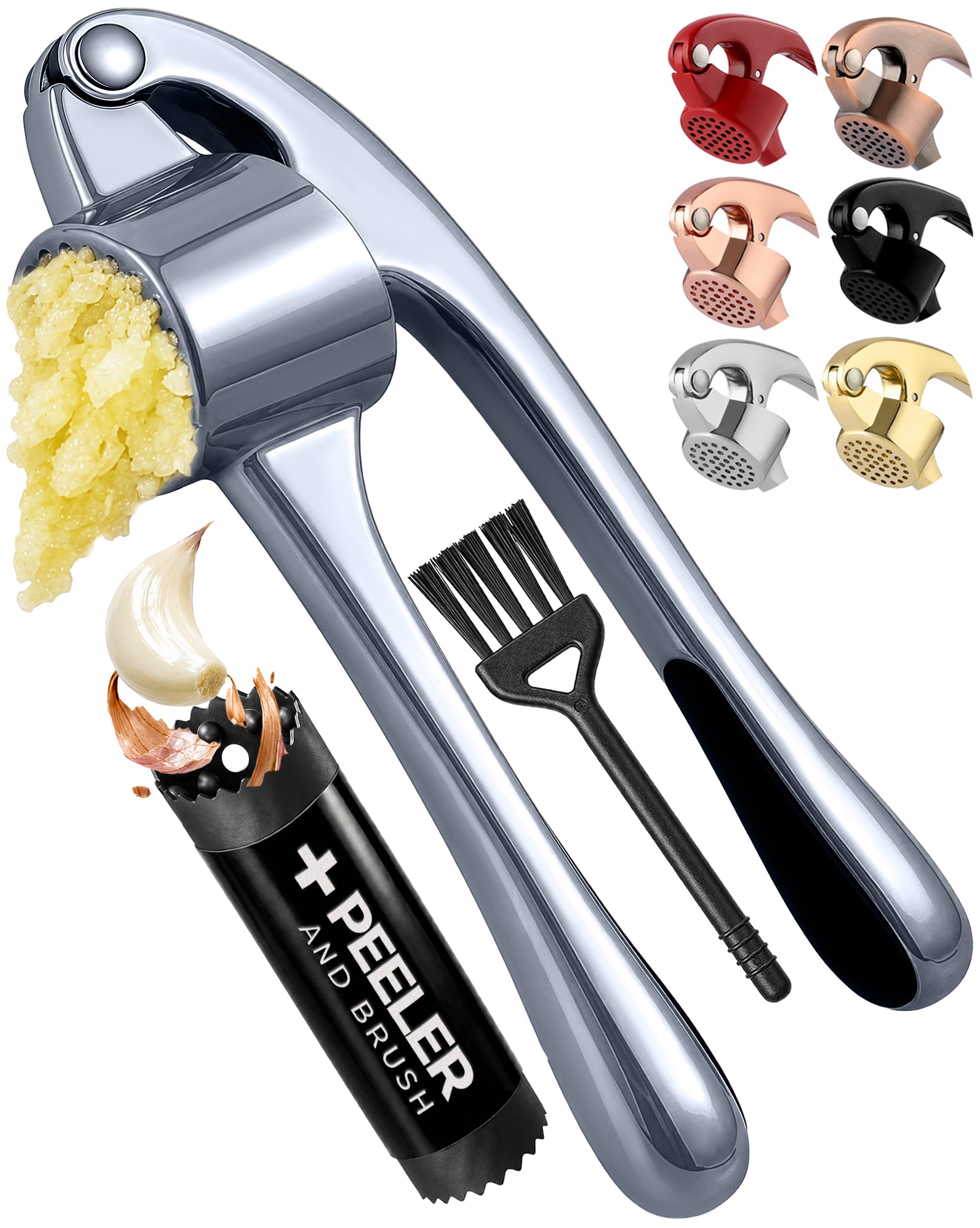 Zulay Kitchen Metal Large Garlic Press, Garlic Mincer, Peeler-Brush, Silver