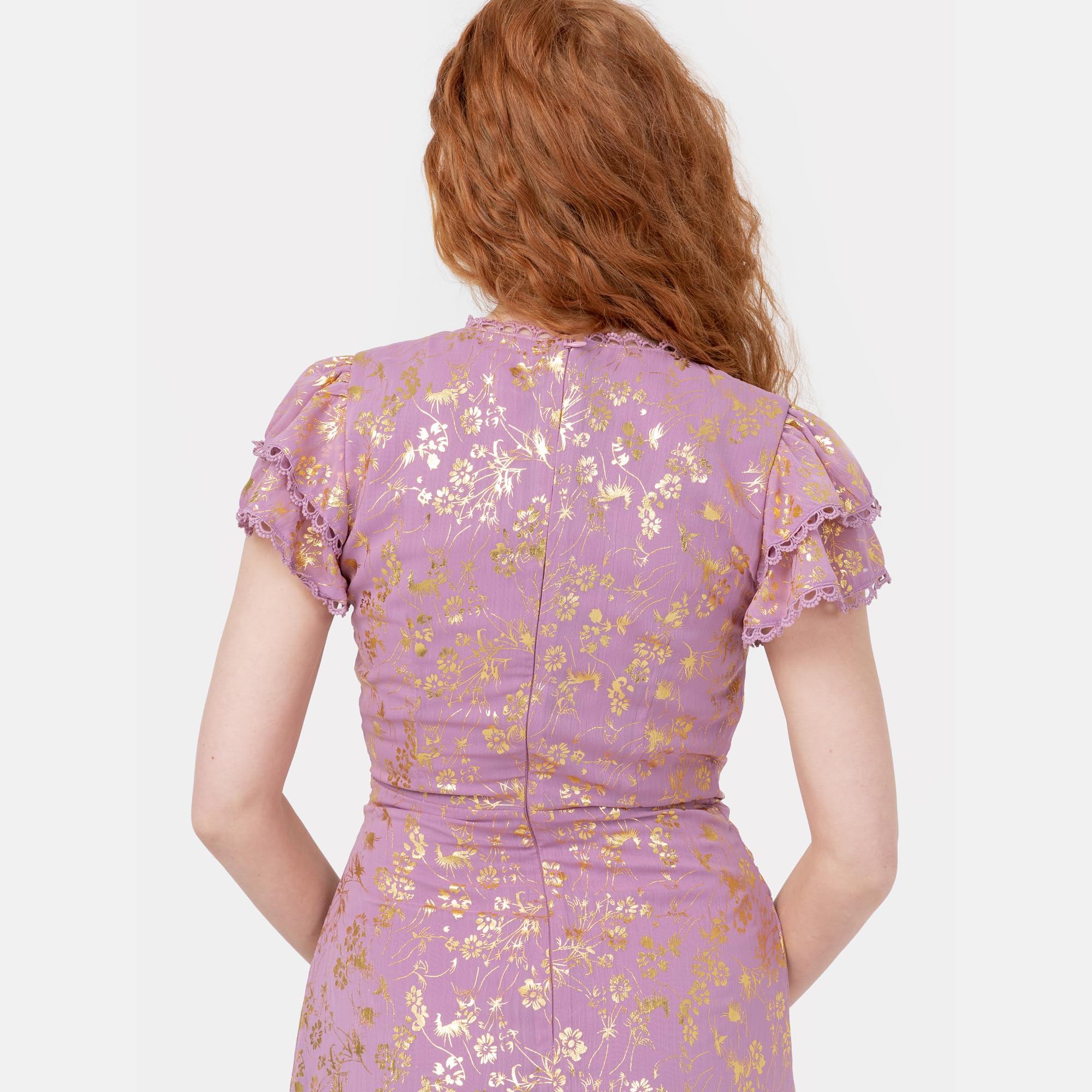 Maya Deluxe Damska sukienka maxi damska owijana dekolt w serek krótki rękaw trzepotany złoty folia żakardowy gorset w kształcie litery A Prom Ball Gown, różowa orchidea 44, Różowa orchidea, 42