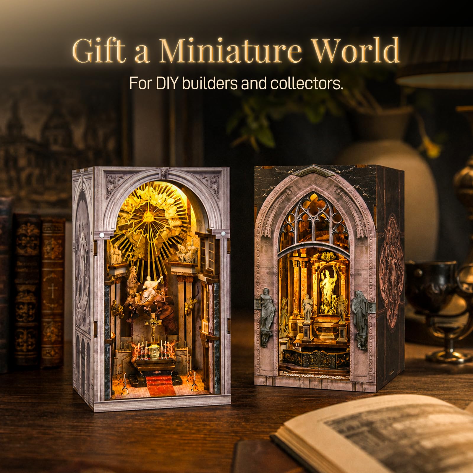 MiniCity CRIOLPO zestaw 2 sztuk książek dla dorosłych – miniaturowe drewniane puzzle 3D do domku dla lalek – podpórka na książki, dekoracja z oświetleniem LED, kreatywny prezent dla czytelników