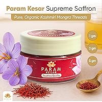 Vista 3 de Param Kesar® Supreme Saffron, 100% Organic, Pure Kashmiri Super Mongra Saffron Threads, Top Grade, Food Safety Certified, Non-GMO (1 gm)