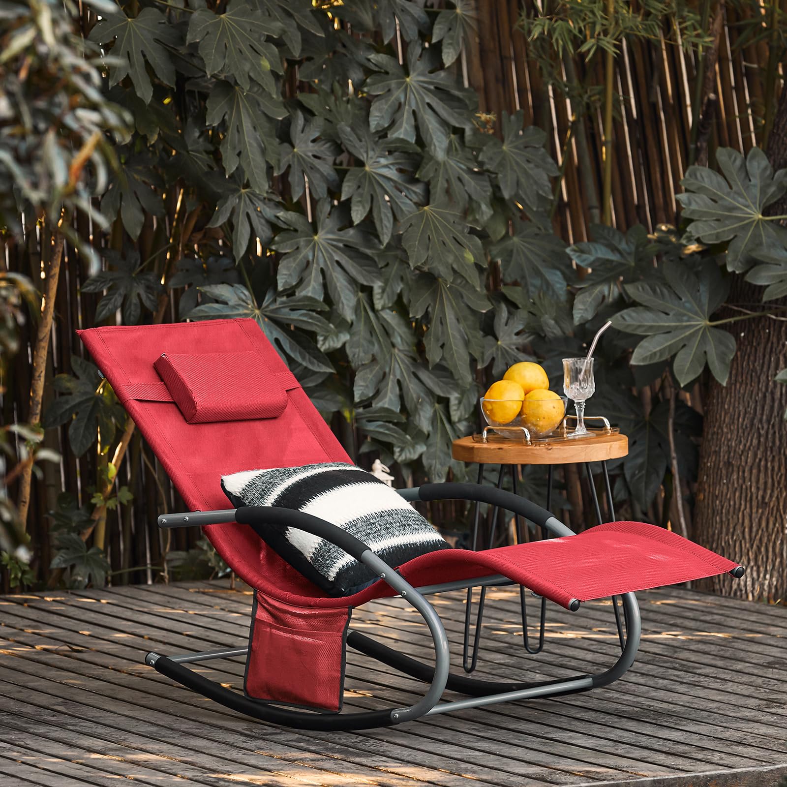 SoBuy Ligstoel,Tuinstoel, Swingstoel, Schommelligstoel met Verstelbare Hoofdsteun, Opbergzak en Voetensteun, voor Tuin,Buiten, Balkon, Strand, Grijs, OGS28-HG