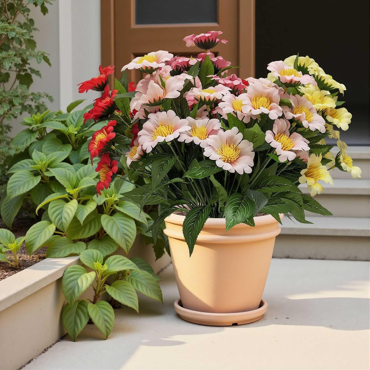 Artificial Daisy Bouquet, Mixed Color Outdoor Flowers with Red, Pink, White Blooms, Realistic Floral Arrangement for Garden, Patio, Home Decor (8, Mix 4 Colors)