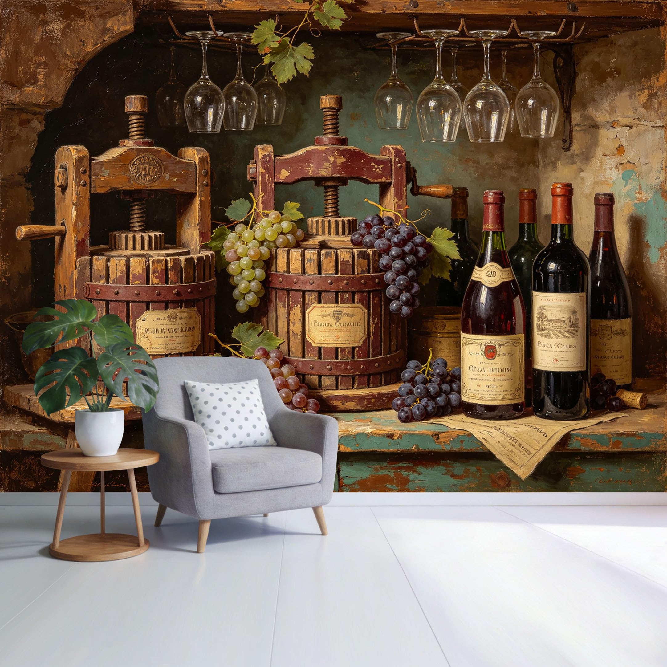 Custom Size Wall Mural Vintage Wine Press Grapes Bottles Rustic Cellar Still Life Oil Painting Style SelfAdhesive Wall Fabric Removable Wallpaper for Home Office Decor
