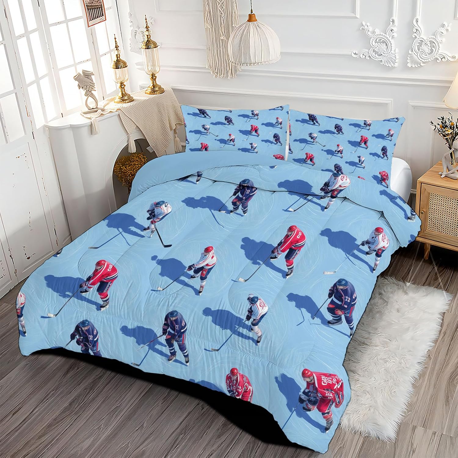 3D Ice Hockey Players Comforter Set Queen Size Bedding Set Sports Competition Theme All Season Down Comforter Printed Quilted with 2 Pillow Shams for Kids, Teens, Adults 90 x 90in Blue