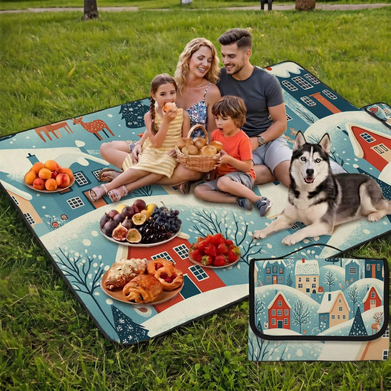 Coperta de Picnic 150x200 cm, albero di Natale in inverno Manta Picnic Impermeable Anti-Sabbia Manta de Playa Pieghevole, Outdoor Picnic Blanket per Spiaggia, Camping, Giardino, Trekking - FZ-108