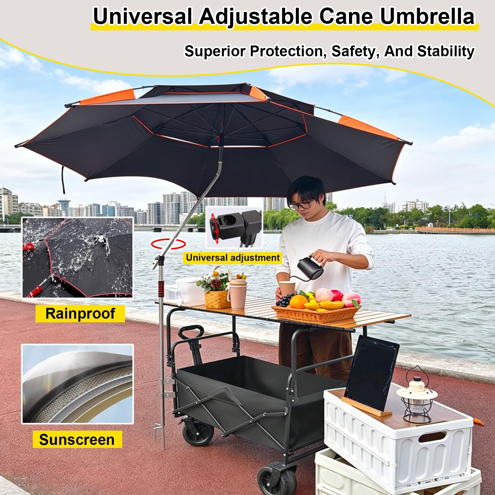 Carrito De Comida Portátil con Ruedas, Carrito para Vendedores, Quiosco/Expositor Plegable con Toldo, para Mercados De Agricultores Y Eventos Al Aire Libre