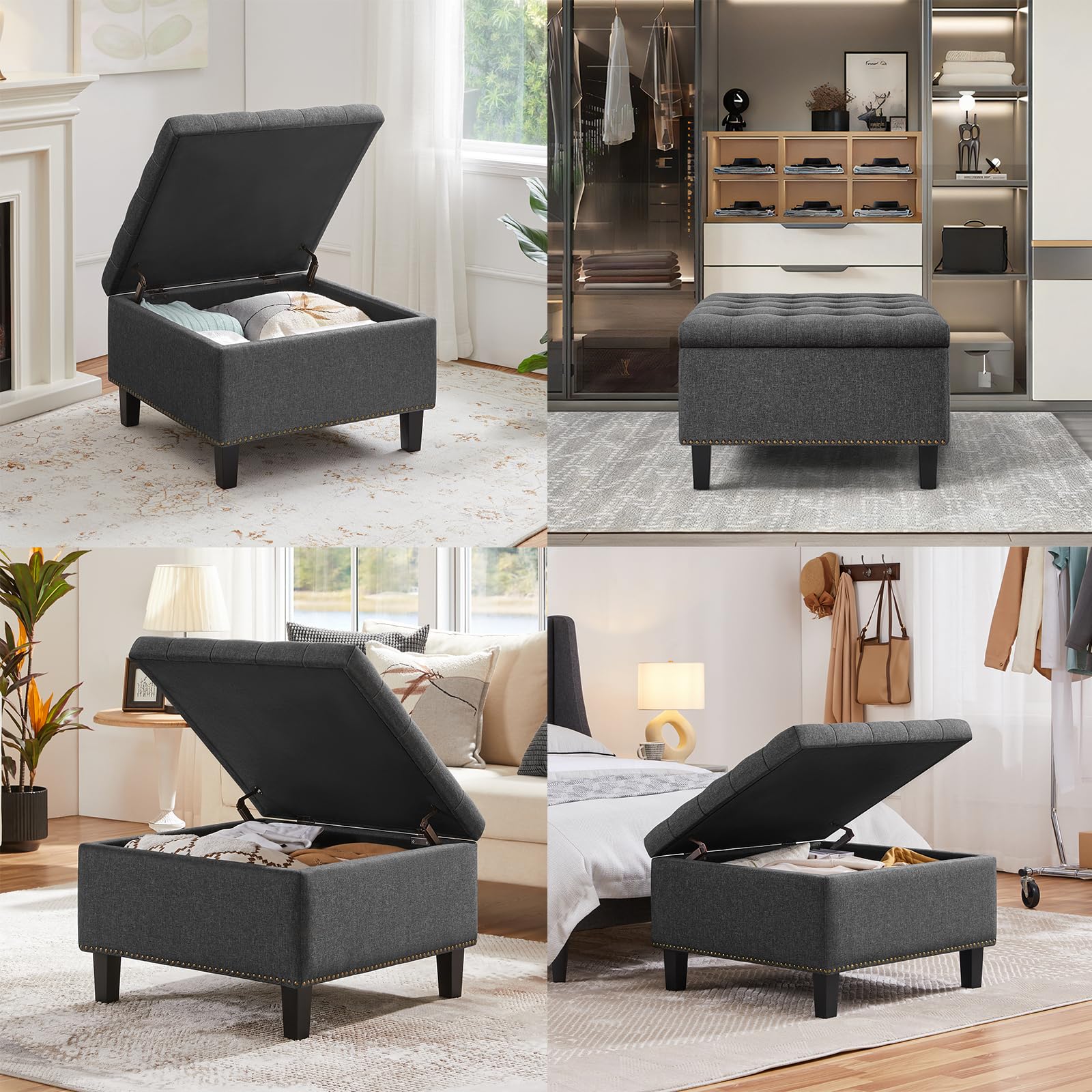 Yaheetech Cassapanca Ottomana in MDF e Schiuma con Vano Portaoggetti per Ingresso/Soggiorno/Sala di Attesa/Camera da letto Grigio Scuro