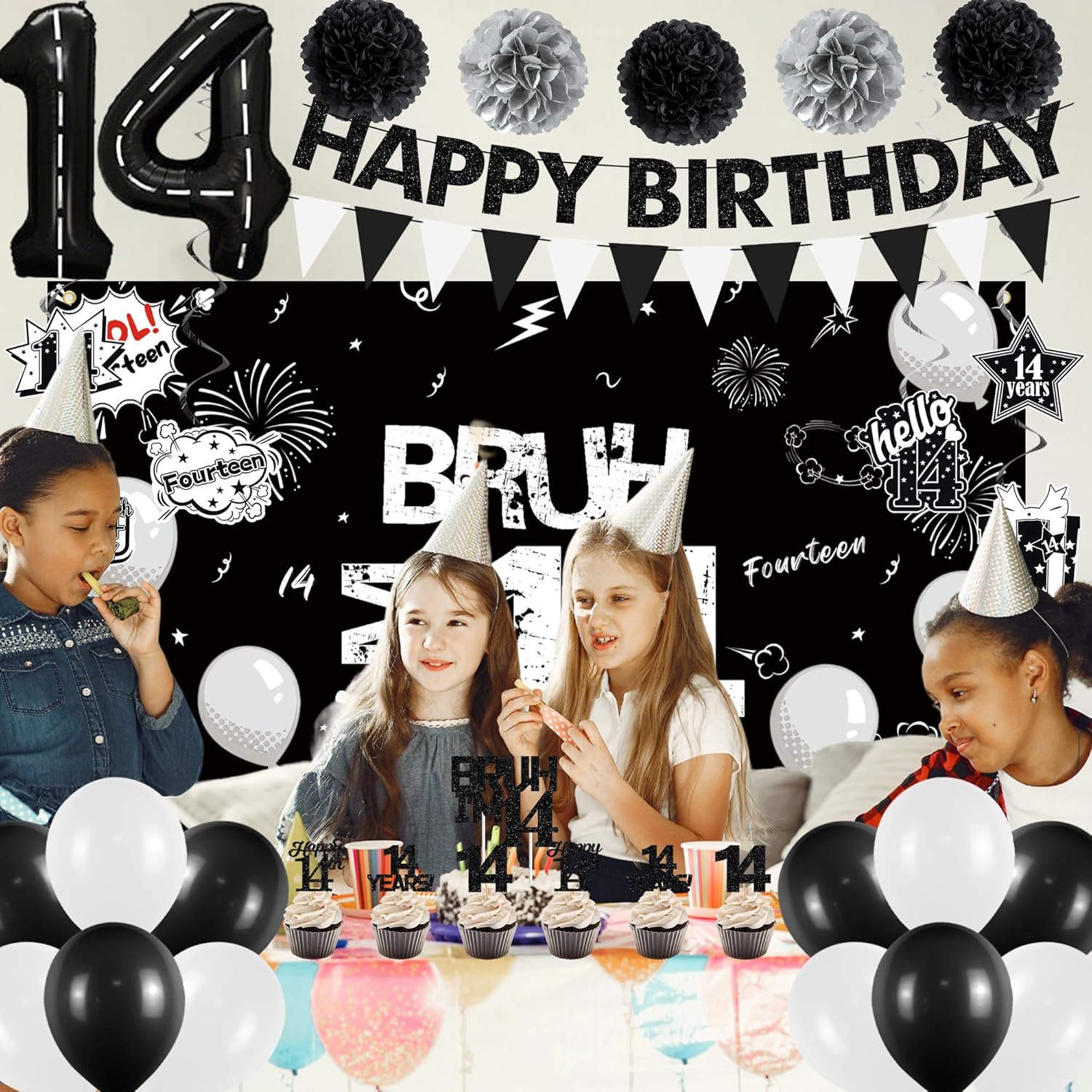Holkcog Black 14th Birthday Decorations, Happy 14th Birthday Party Decorations Supplies for Boy Girl, Bro I'm 14, Funny 14th Party Supply, Black Glitter Banner, Background, 14 Number Ballons, Fourteen