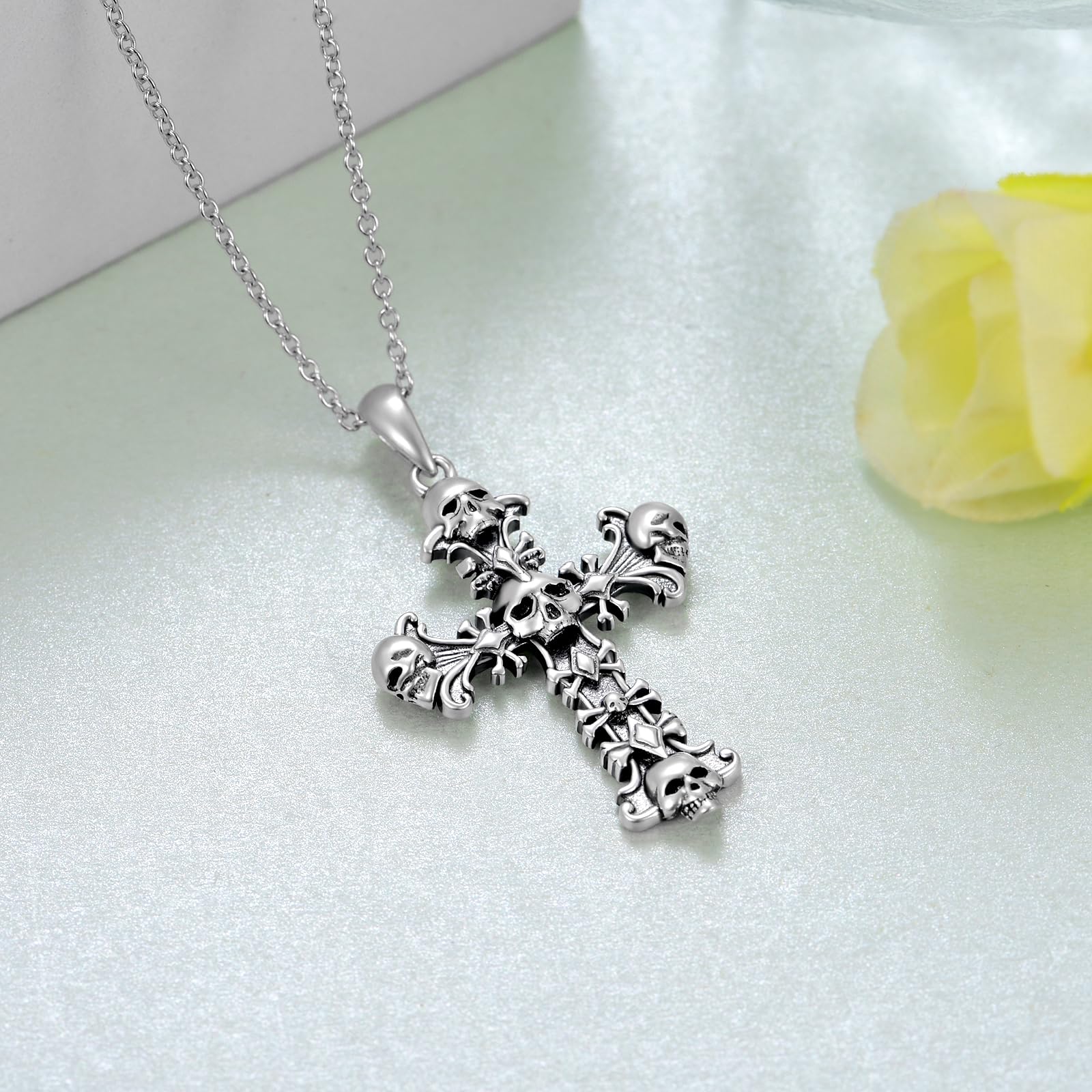 Collar gótico de calavera de plata de ley 925, collar de calavera con cruz para mujer, joyería gótica, regalos para hombres, Halloween