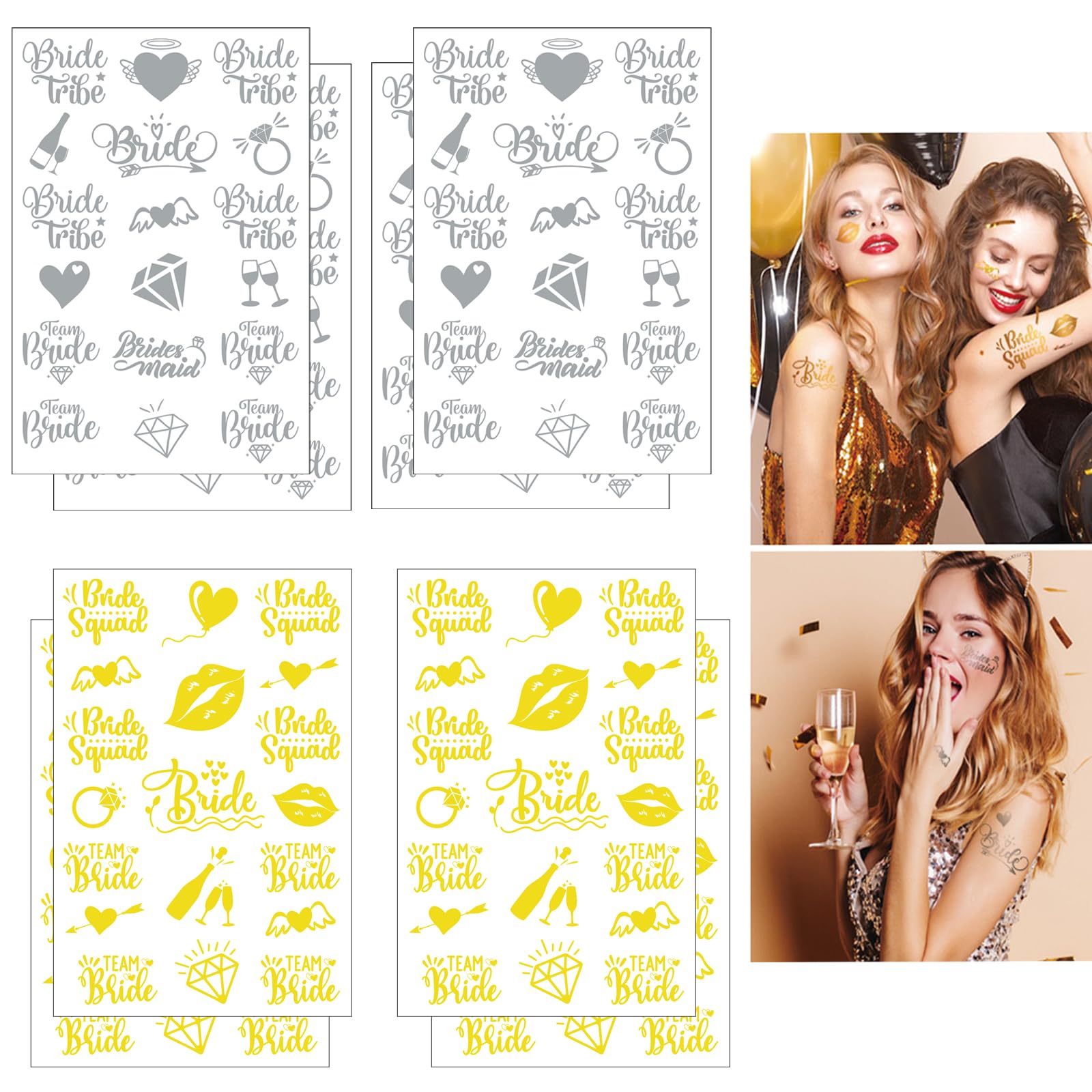 Qpout 144pcs Tatuajes de despedida de soltero Tatuajes de novia de equipo, tatuajes de solteras doradas y plateadas, pegatinas de tatuajes de boda pegatinas de fiesta de novia