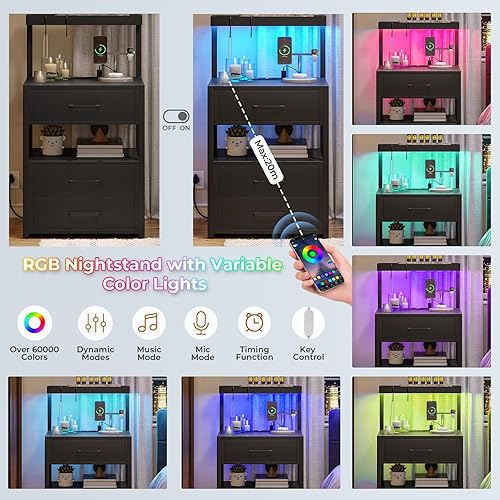 Miniatura 5 de VIAGDO Led Nightstand with Charging Station, 3 Drawers Night Stands with Led Lights, Black Bedside Tables with Storage Shelves, Modern End Side
