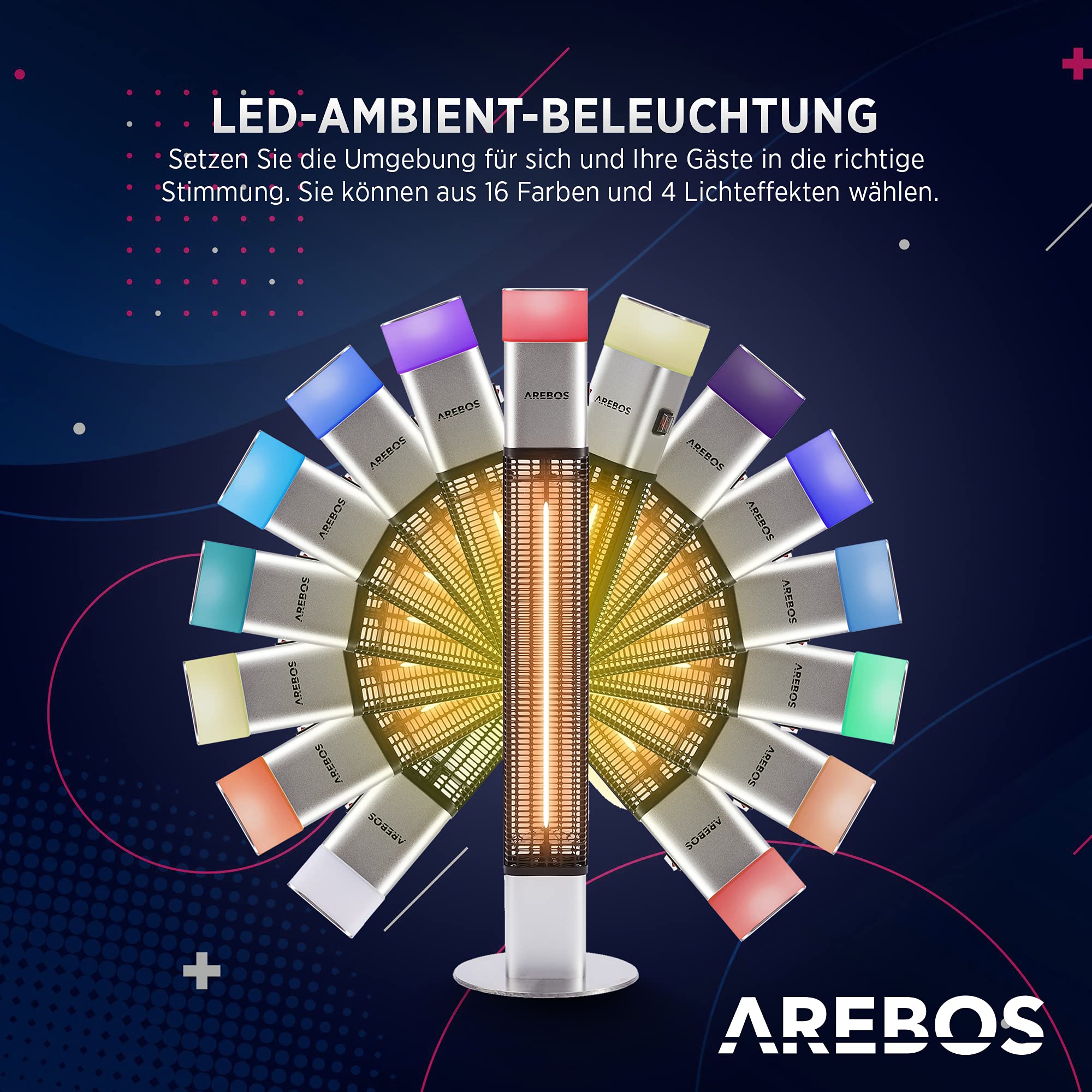 Arebos 1500 Watt Stand Heizstrahler Silber | inkl.16 Farben LED-Licht mit Fernbedienung | Kohlenstoff Infrarotstrahler für Außenbereich | Terrassenstrahler