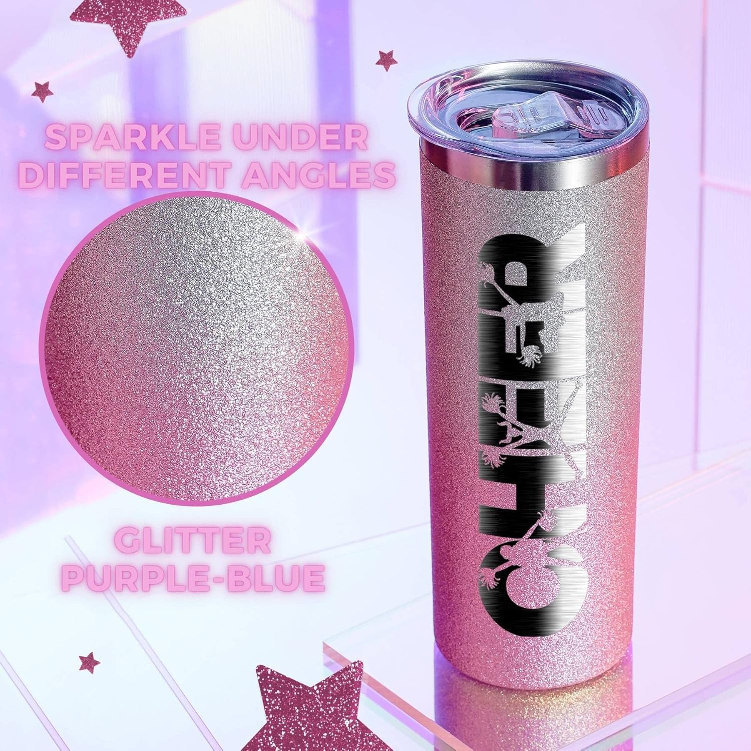 Onebttl Cheerleader Glitter Tumbler Gifts For Girls - Cheer - 20oz/590ml Stainless Steel Insulated Tumbler with Straw, Lid - Gift for Cheerleading, Coach or Cheer Squad - (Pink-Sliver Gradient) - Image 4