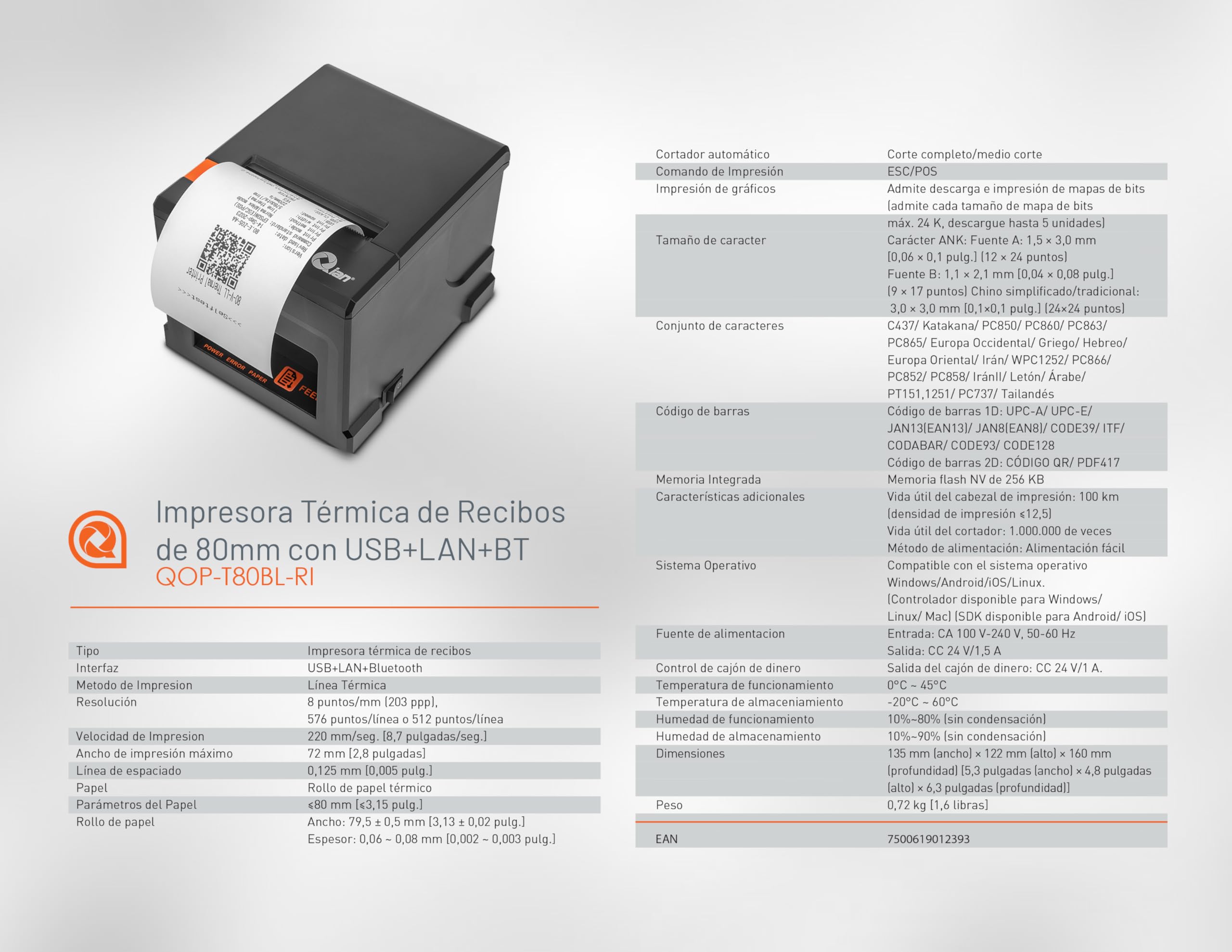 Stampante Termica per ricevute Qian Stampante POS da 80 mm Taglio Automatico ESC/POS | velocità 220 mm/s | Driver Windows, MacOS, Linux | Supporto a Parete | Connessione USB, LAN, Bluetooth