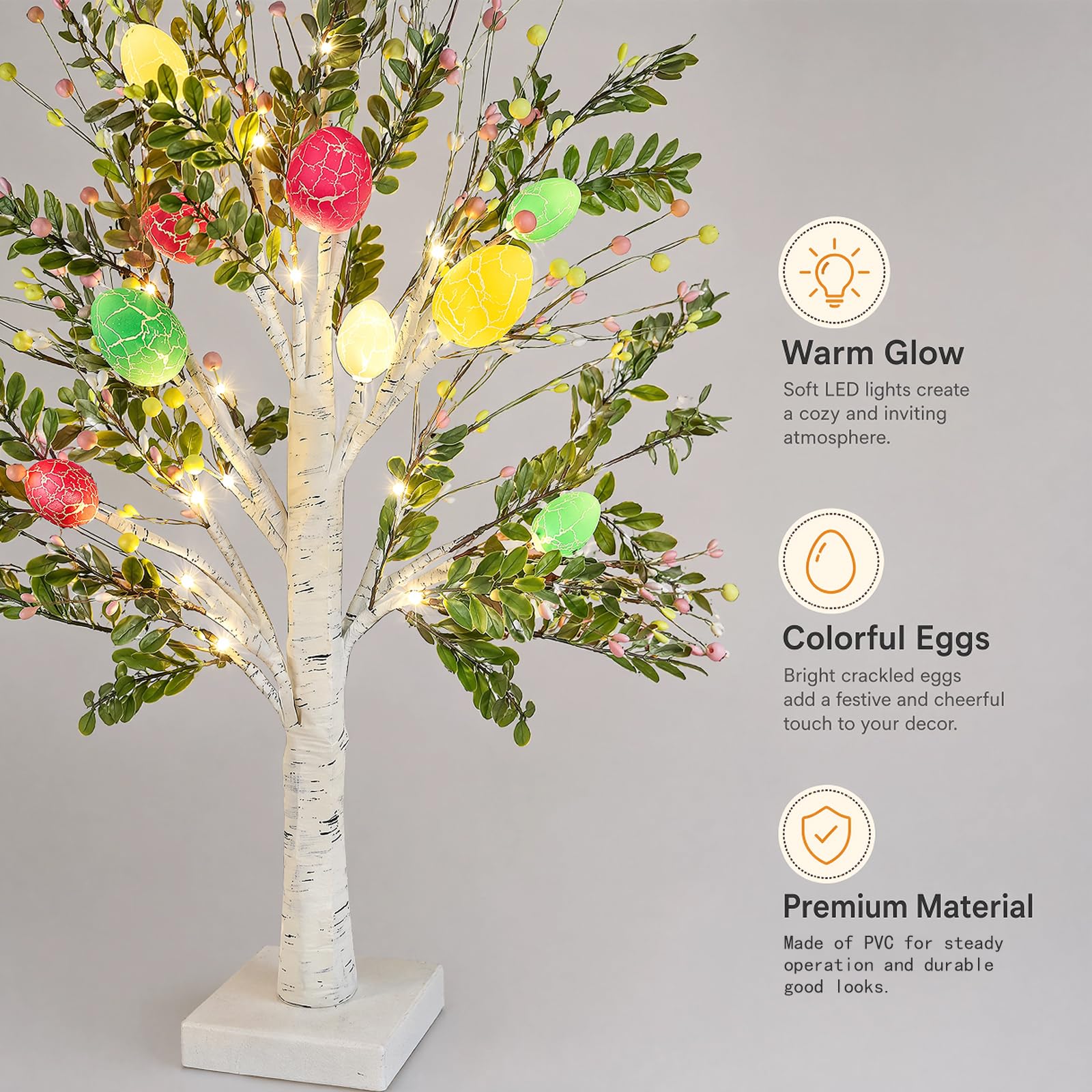 Dekoracja wielkanocna – 60 cm sztuczna brzoza lampa ze światłem LED, kolorowe jajka, lampka nocna, dekoracja choinki wielkanocnej, do salonu, jadalni, sypialni, zasilana przez USB lub baterię, lampa