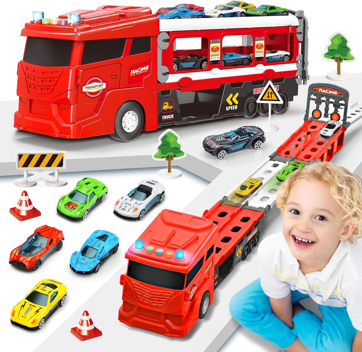 Toddler Toys for 3+ Years Old Boys,Transport Car Carrier Truck -with 6 Cars,Race Track Playset with Lights Sounds,Kids Gifts(Red)