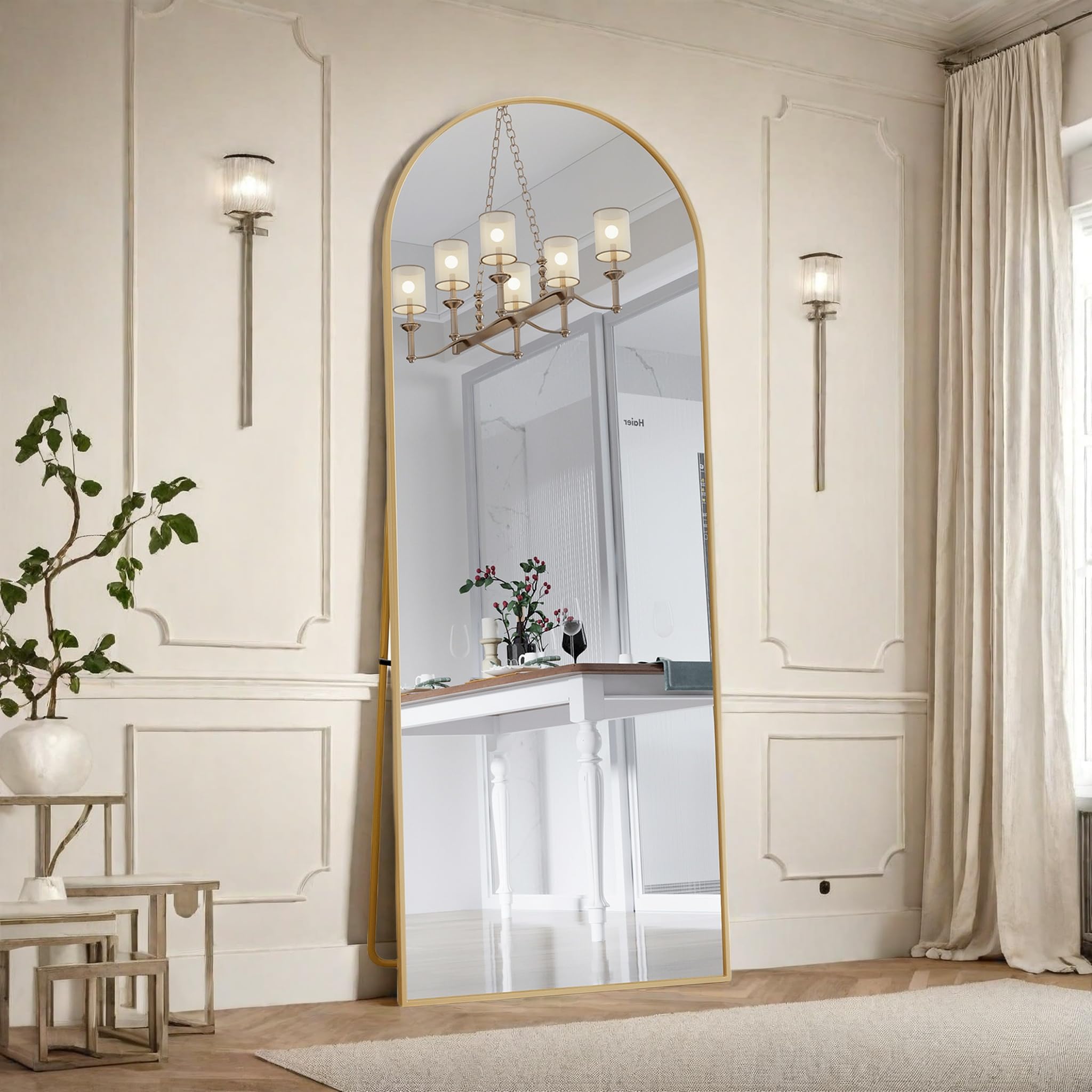 Espejo de pie de 162 x 53 cm, arco grande de longitud completa de aluminio dorado, espejo de pared para dormitorio, baño, entrada, tocador