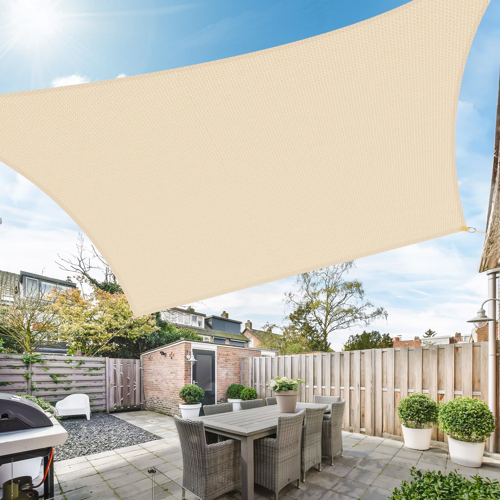 Duerer Sonnensegel 3.6x4.8m Rechteckig Sonnenschutz Garten Balkon und Terrasse, 95% UV Schutz, 185g/m² hoch Dichte Gewebe wasserdurchlässig für Patio, Pergola, Hinterhofa, Außenbereich-Creme Farbe